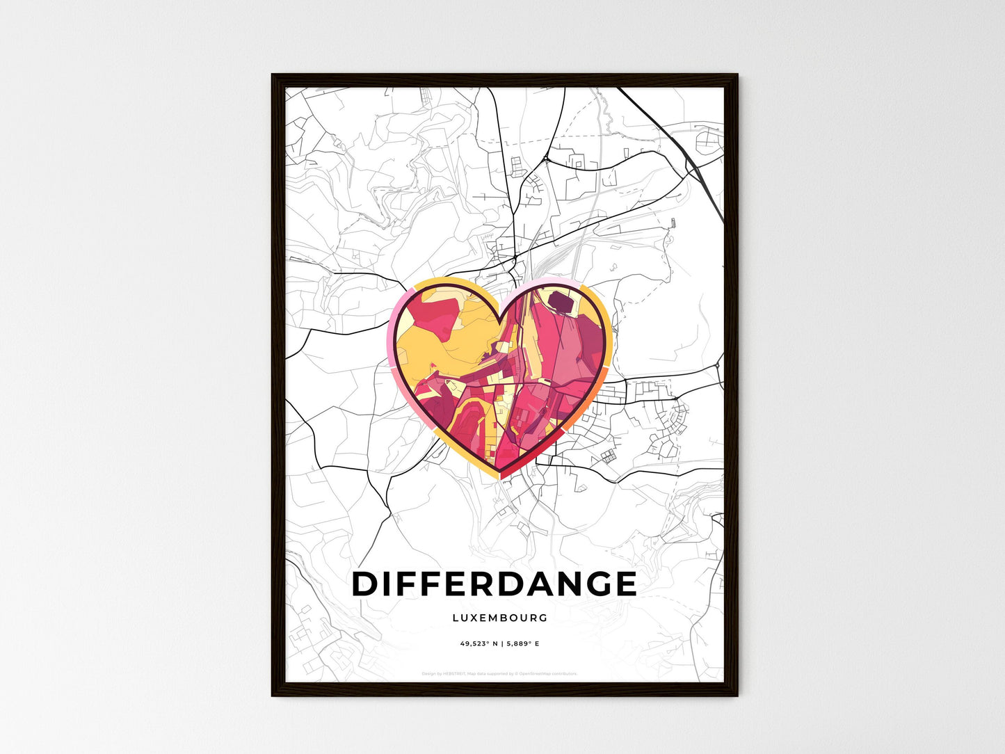 Differdange Luxembourg wedding art map with heart icon