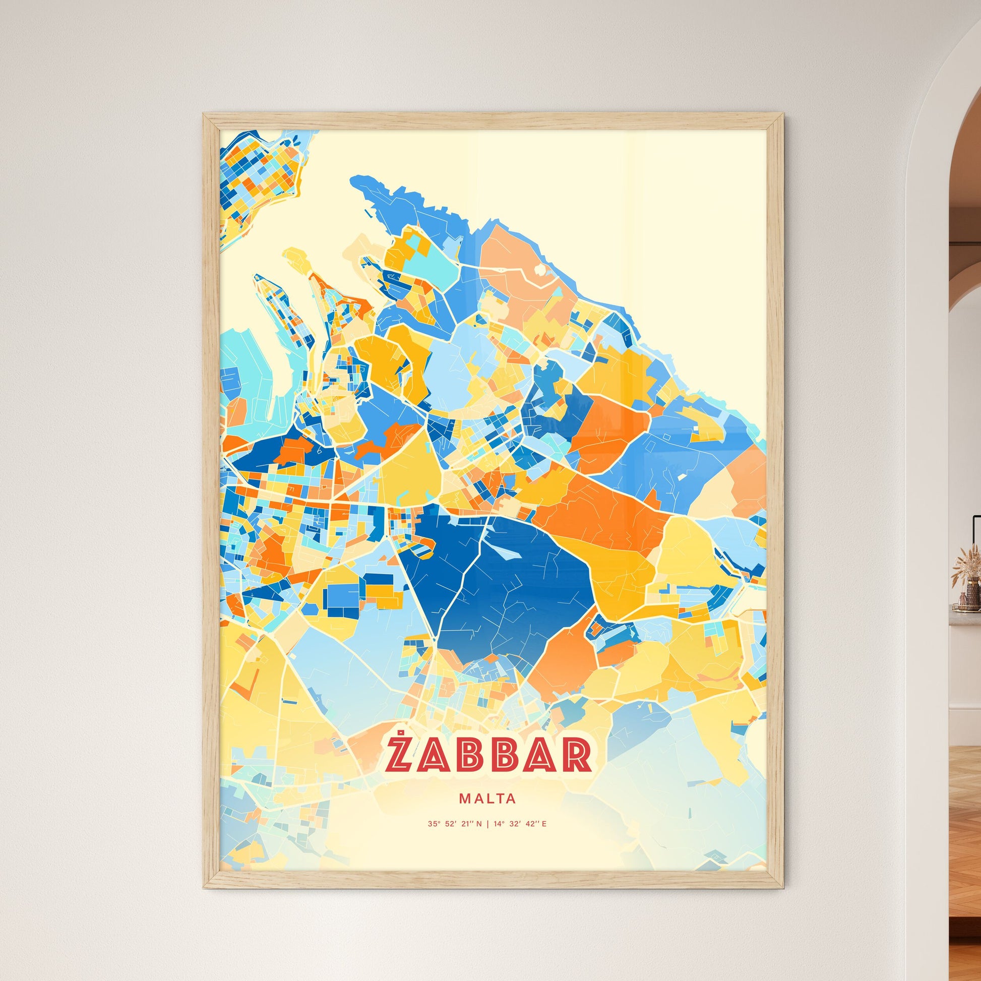 Colorful ŻABBAR MALTA Fine Art Map Blue Orange