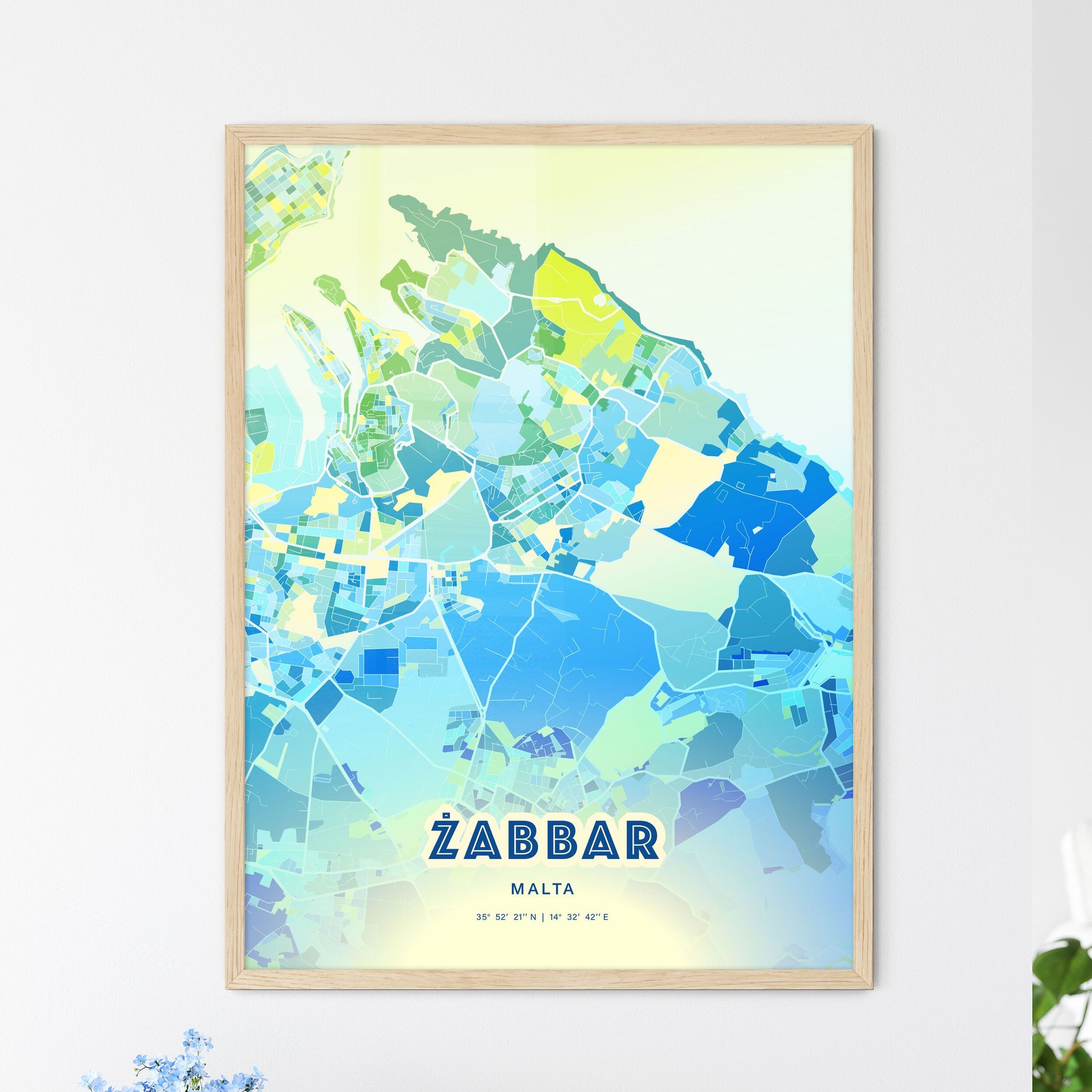 Colorful ŻABBAR MALTA Fine Art Map Cool Blue