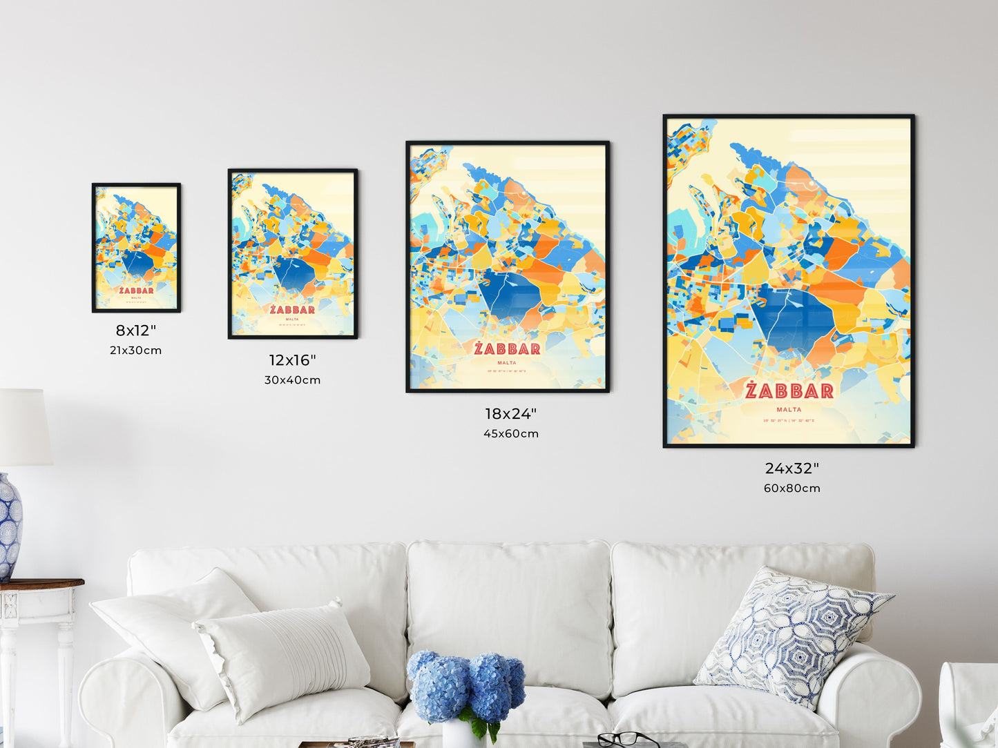 Colorful ŻABBAR MALTA Fine Art Map Blue Orange