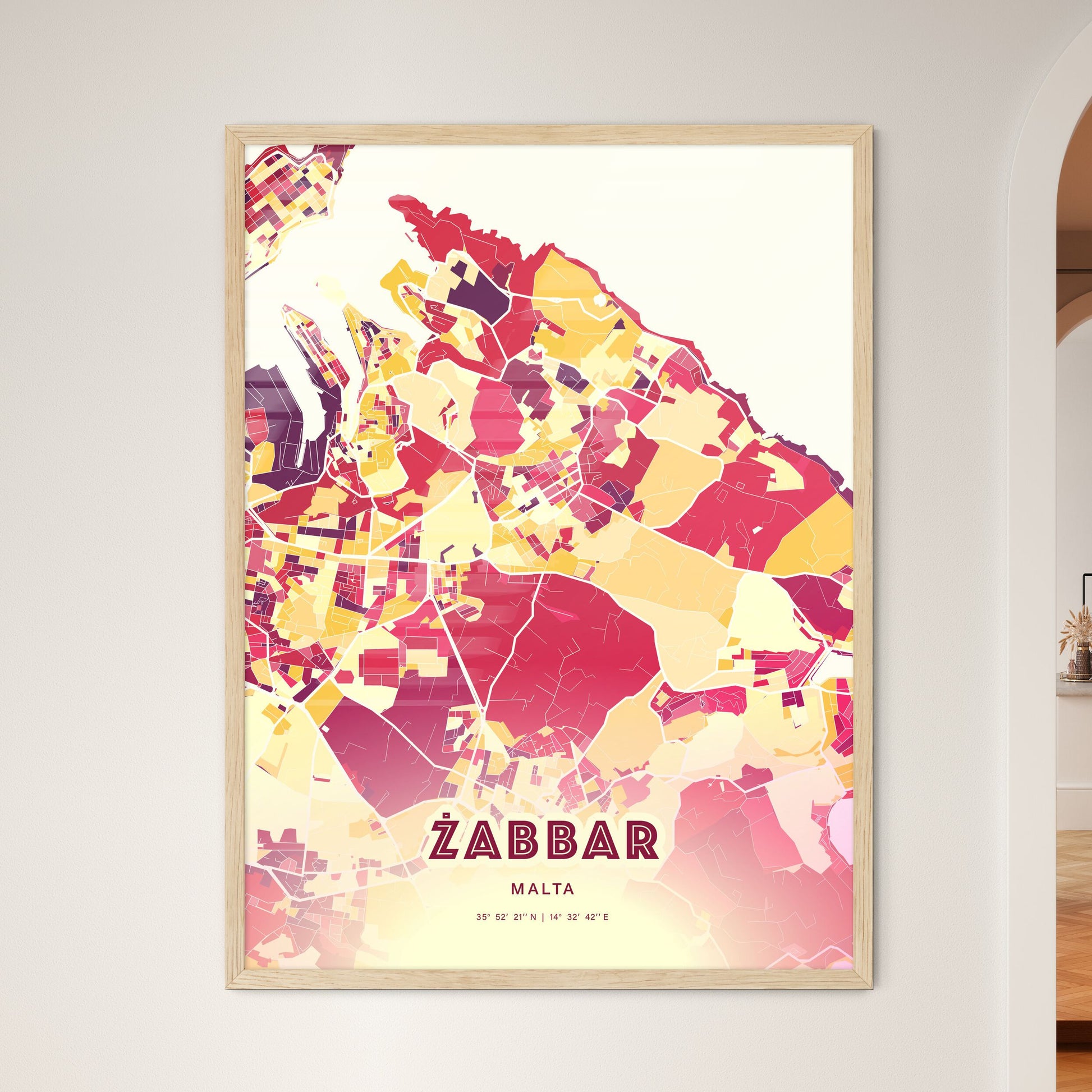 Colorful ŻABBAR MALTA Fine Art Map Hot Red