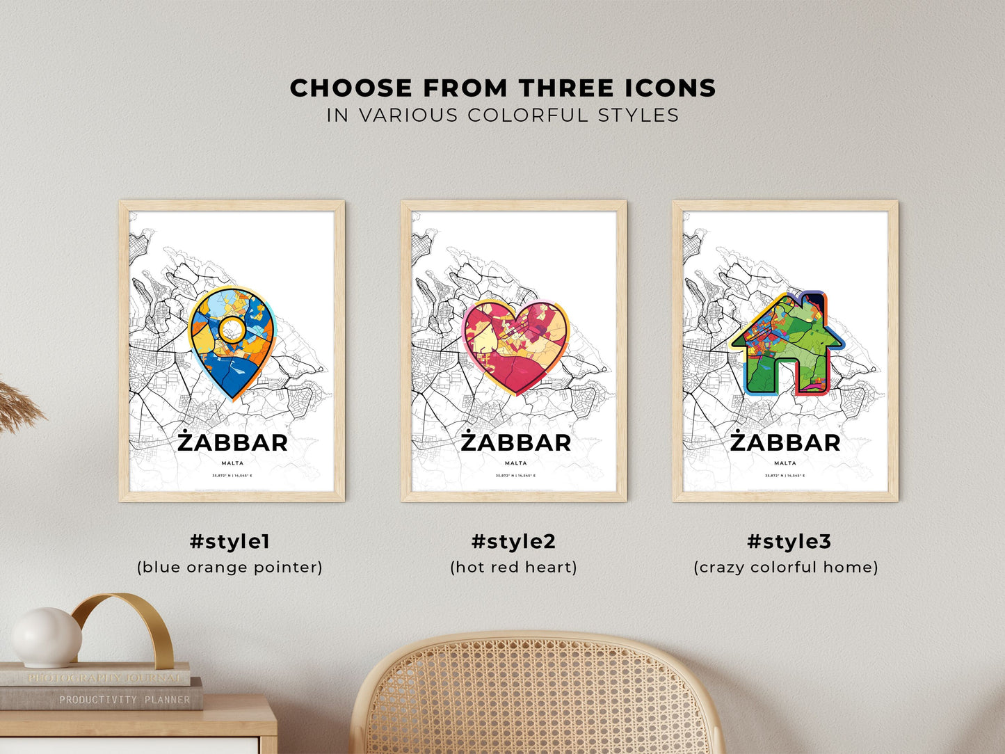 ŻABBAR MALTA minimal art map with a colorful icon. Where it all began, Couple map gift.