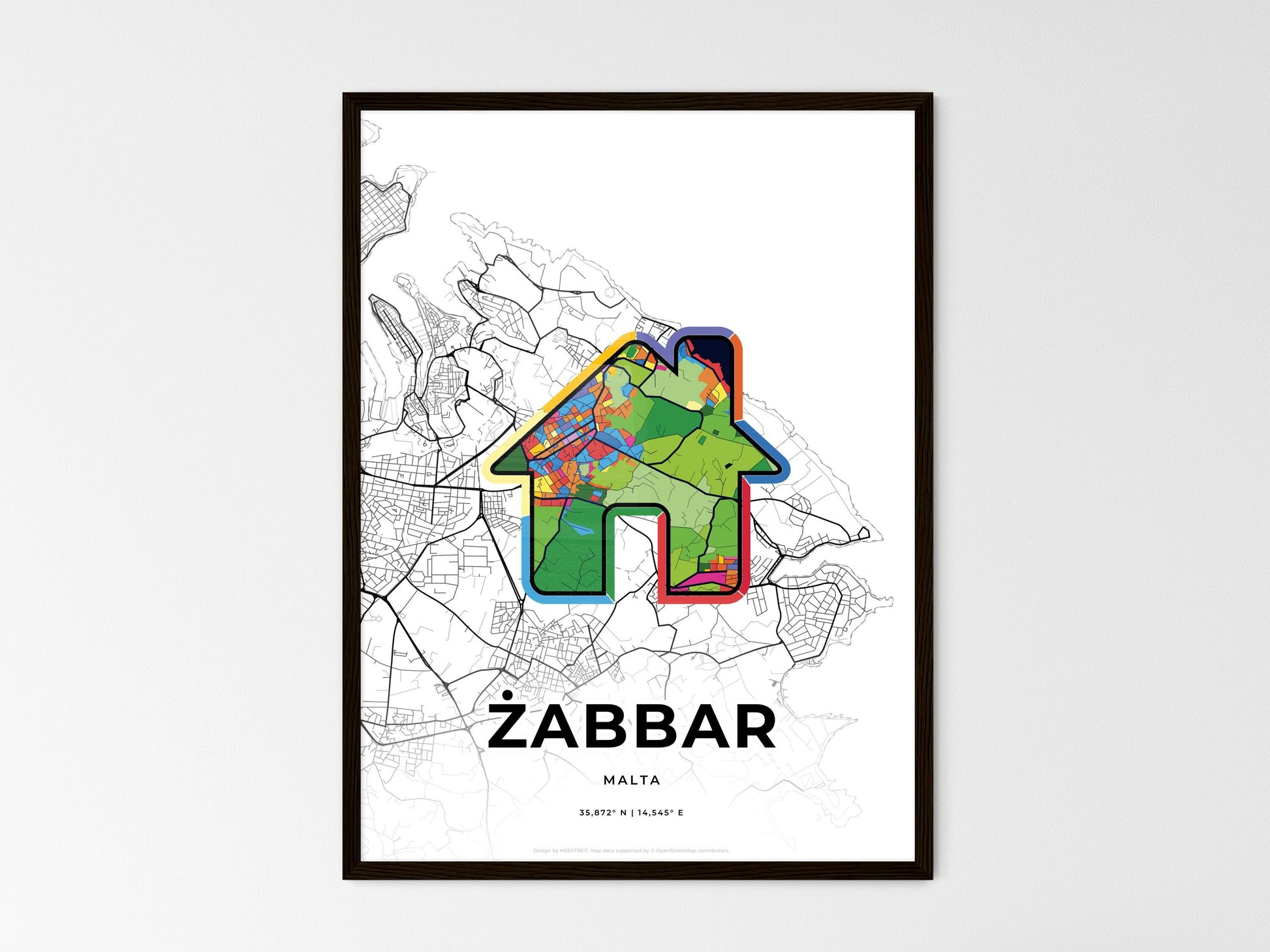 ŻABBAR MALTA minimal art map with a colorful icon. Where it all began, Couple map gift. Style 3