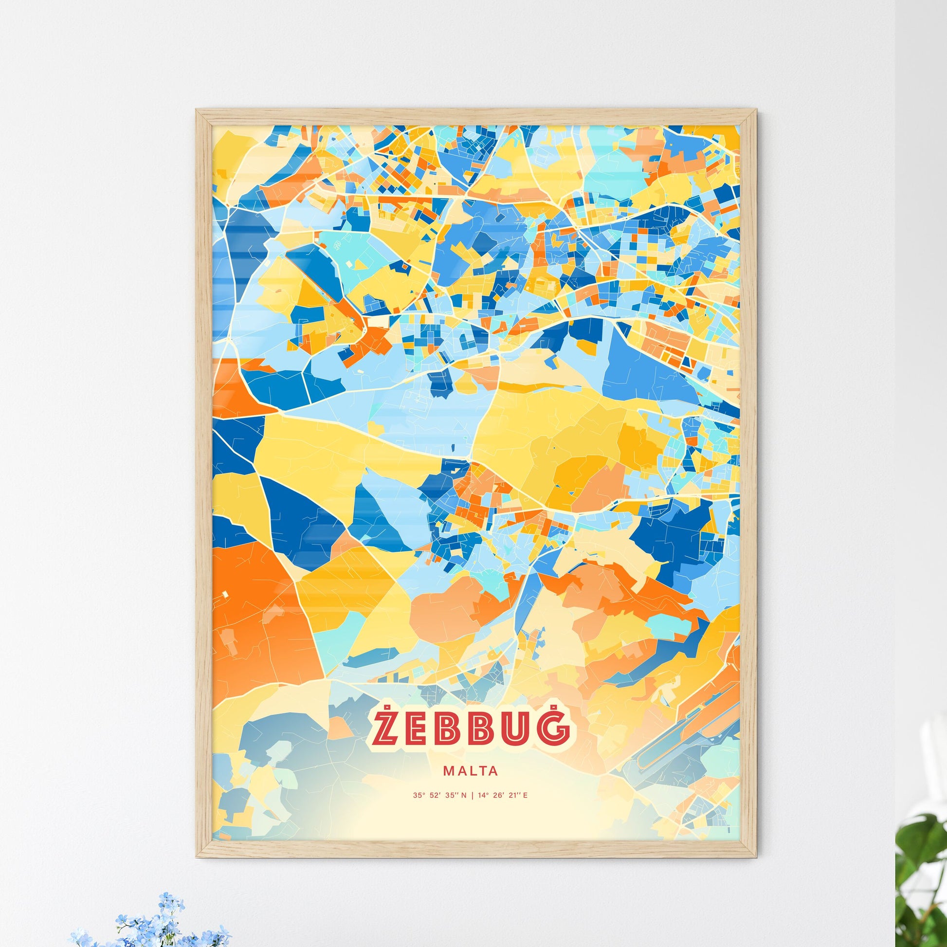 Colorful ŻEBBUĠ MALTA Fine Art Map Blue Orange