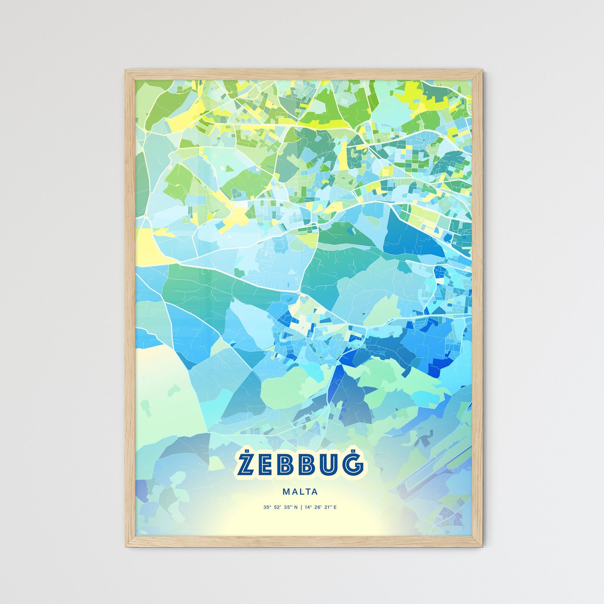 Colorful ŻEBBUĠ MALTA Fine Art Map Cool Blue