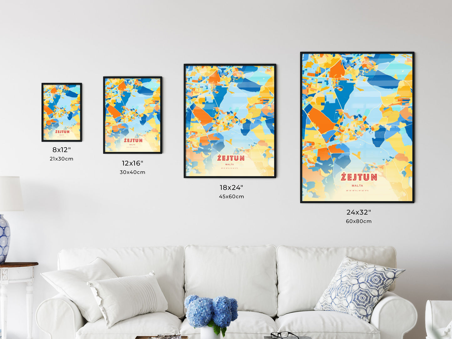 Colorful ŻEJTUN MALTA Fine Art Map Blue Orange