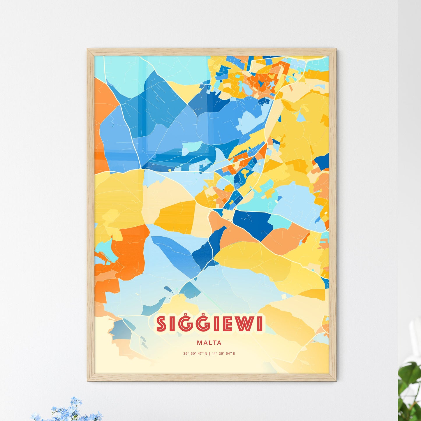 Colorful SIĠĠIEWI MALTA Fine Art Map Blue Orange