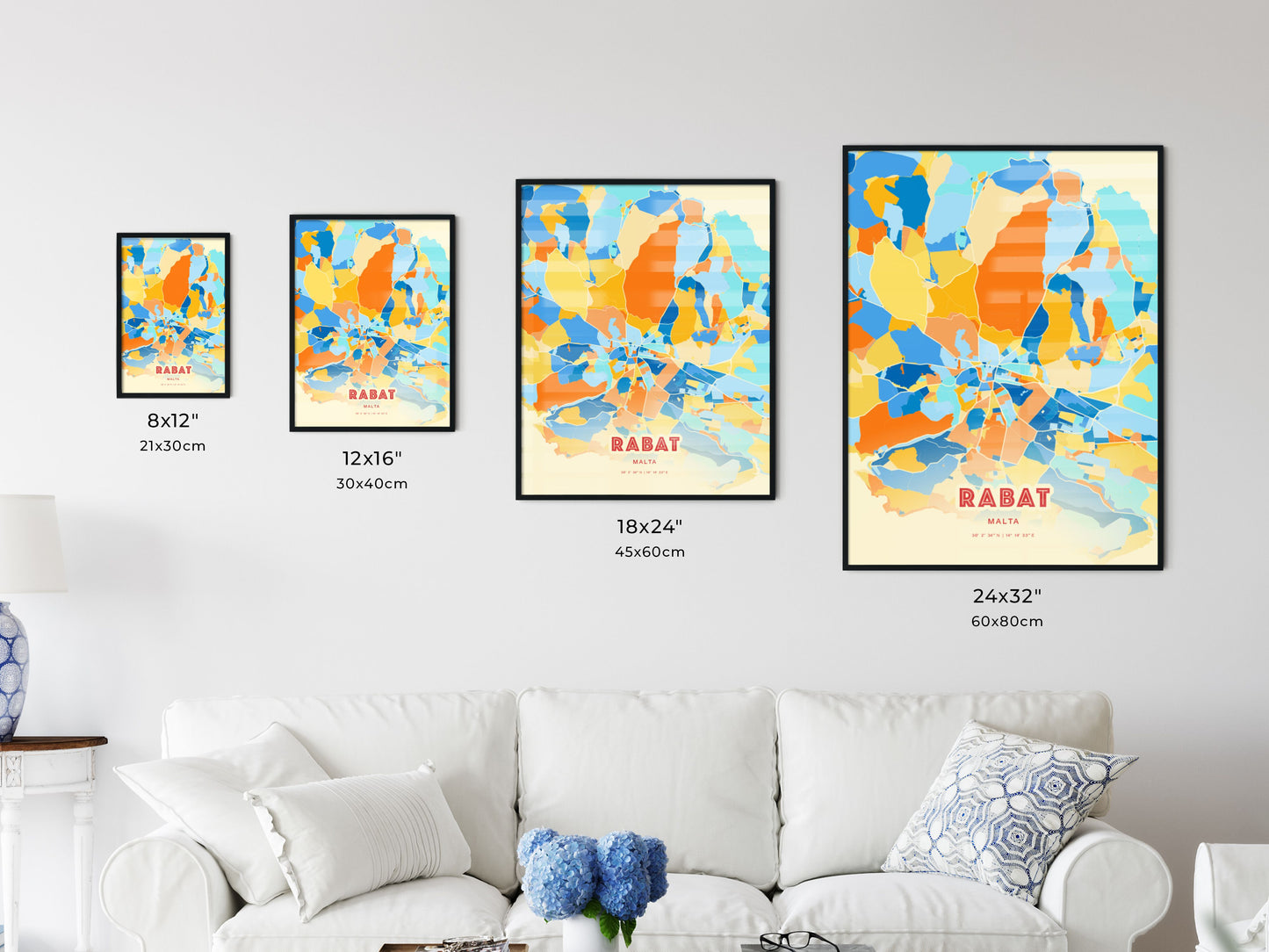 Colorful RABAT MALTA Fine Art Map Blue Orange