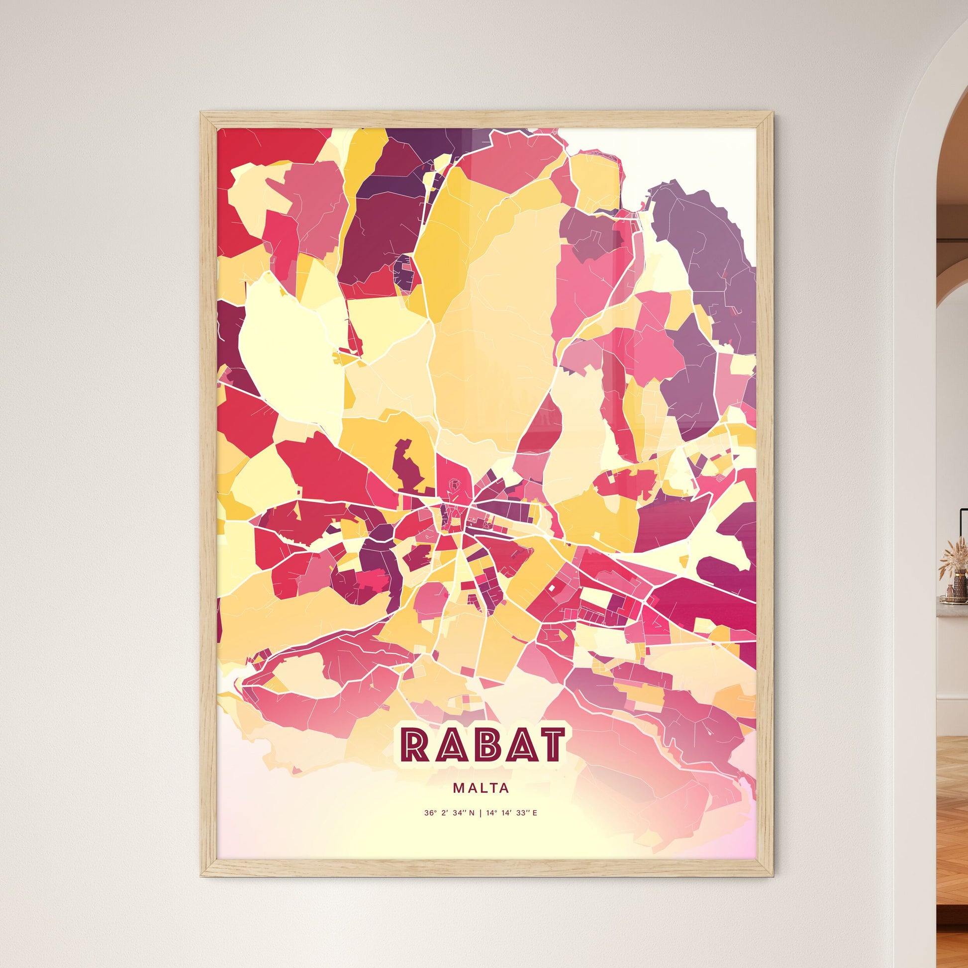 Colorful RABAT MALTA Fine Art Map Hot Red