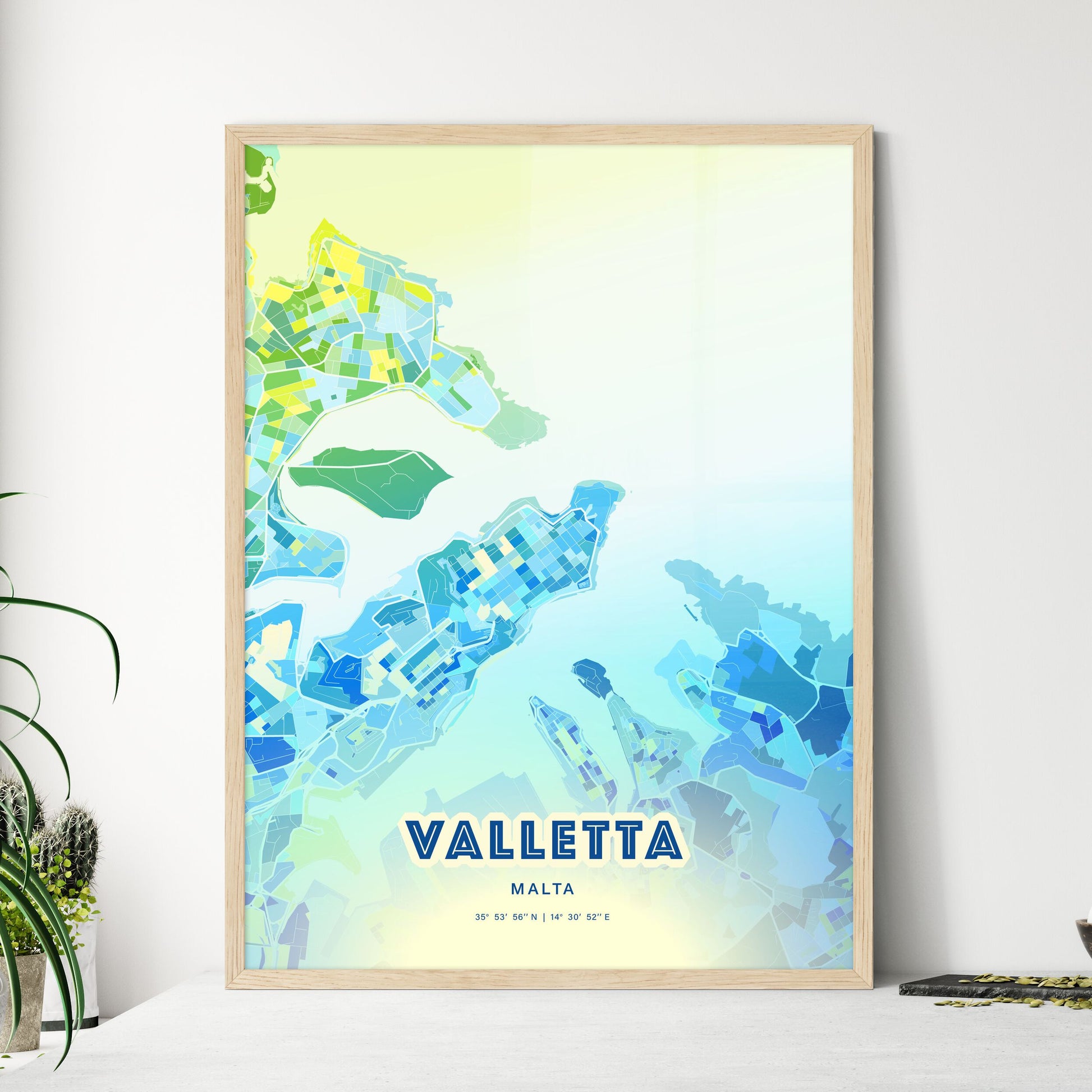 Colorful VALLETTA MALTA Fine Art Map Cool Blue