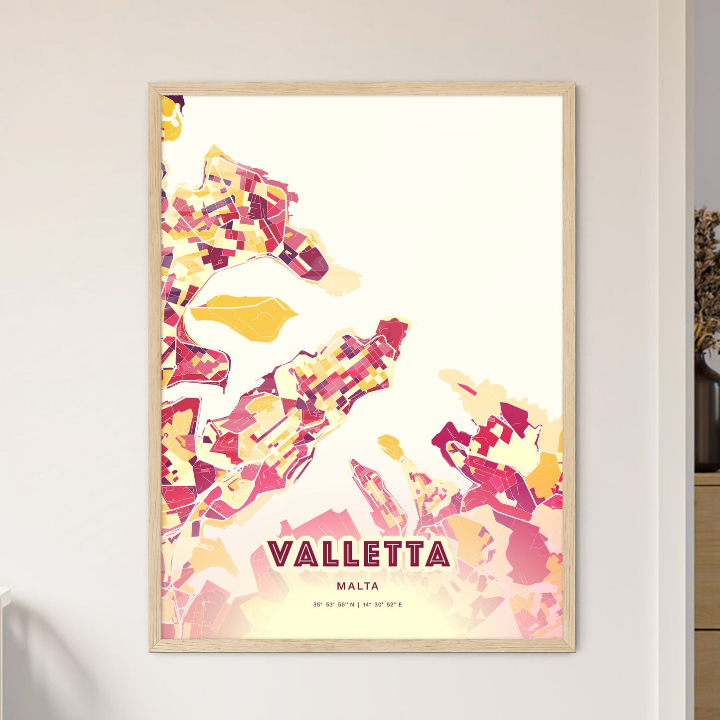 Colorful VALLETTA MALTA Fine Art Map Hot Red