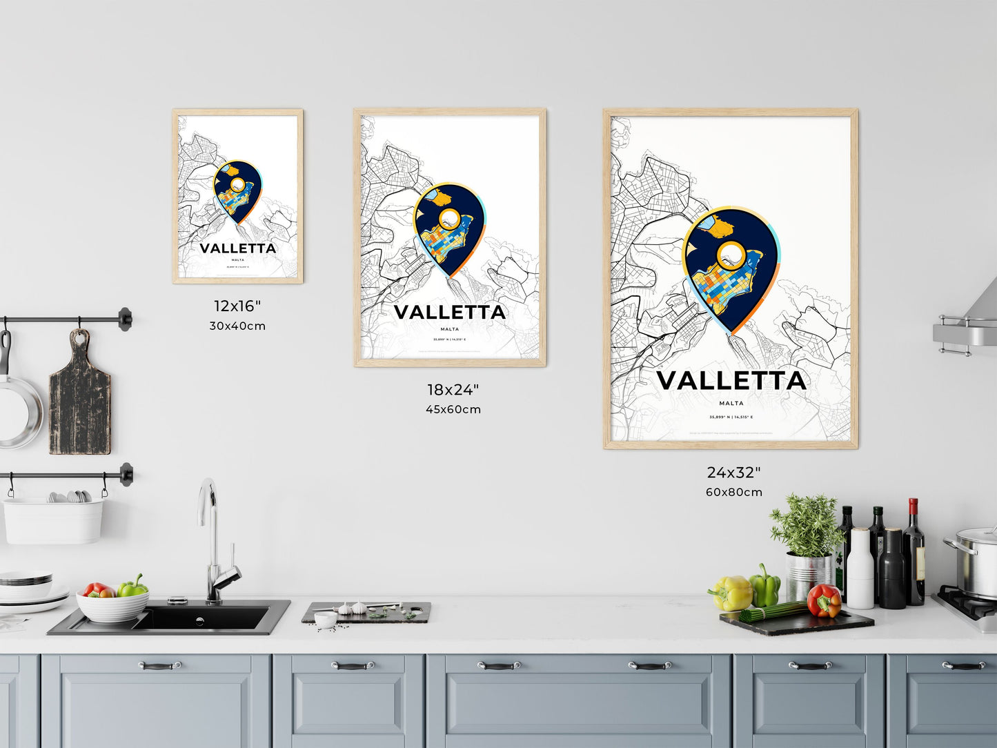 VALLETTA MALTA minimal art map with a colorful icon. Where it all began, Couple map gift.