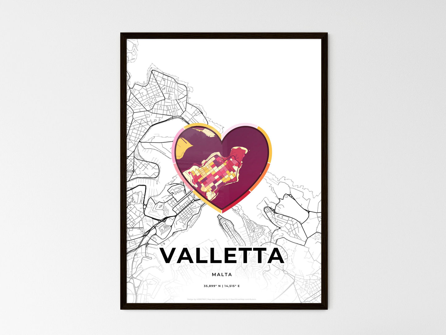 Valletta Malta wedding art map with heart icon