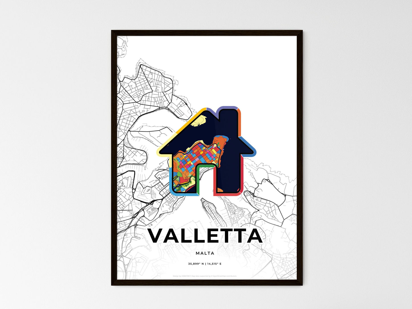 VALLETTA MALTA minimal art map with a colorful icon. Where it all began, Couple map gift. Style 3