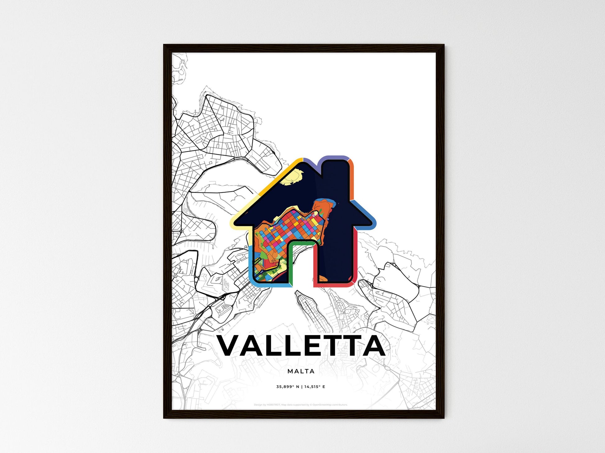 VALLETTA MALTA minimal art map with a colorful icon. Where it all began, Couple map gift. Style 3