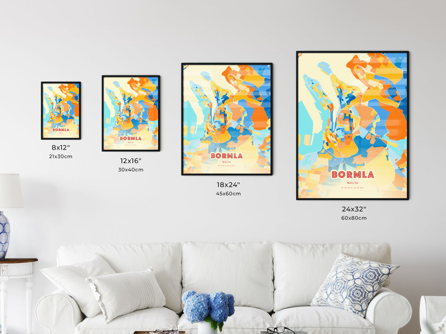 Colorful BORMLA MALTA Fine Art Map Blue Orange