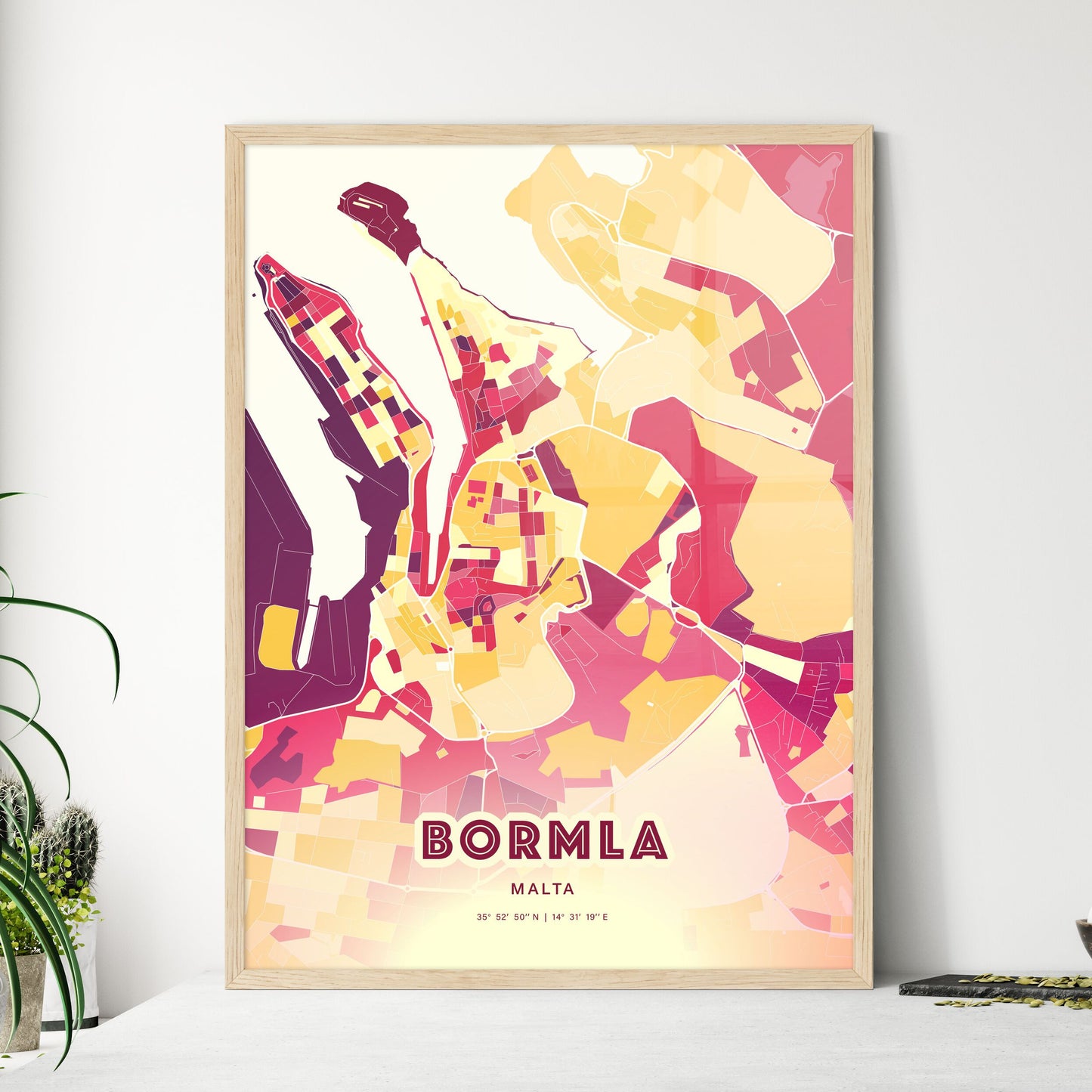 Colorful BORMLA MALTA Fine Art Map Hot Red