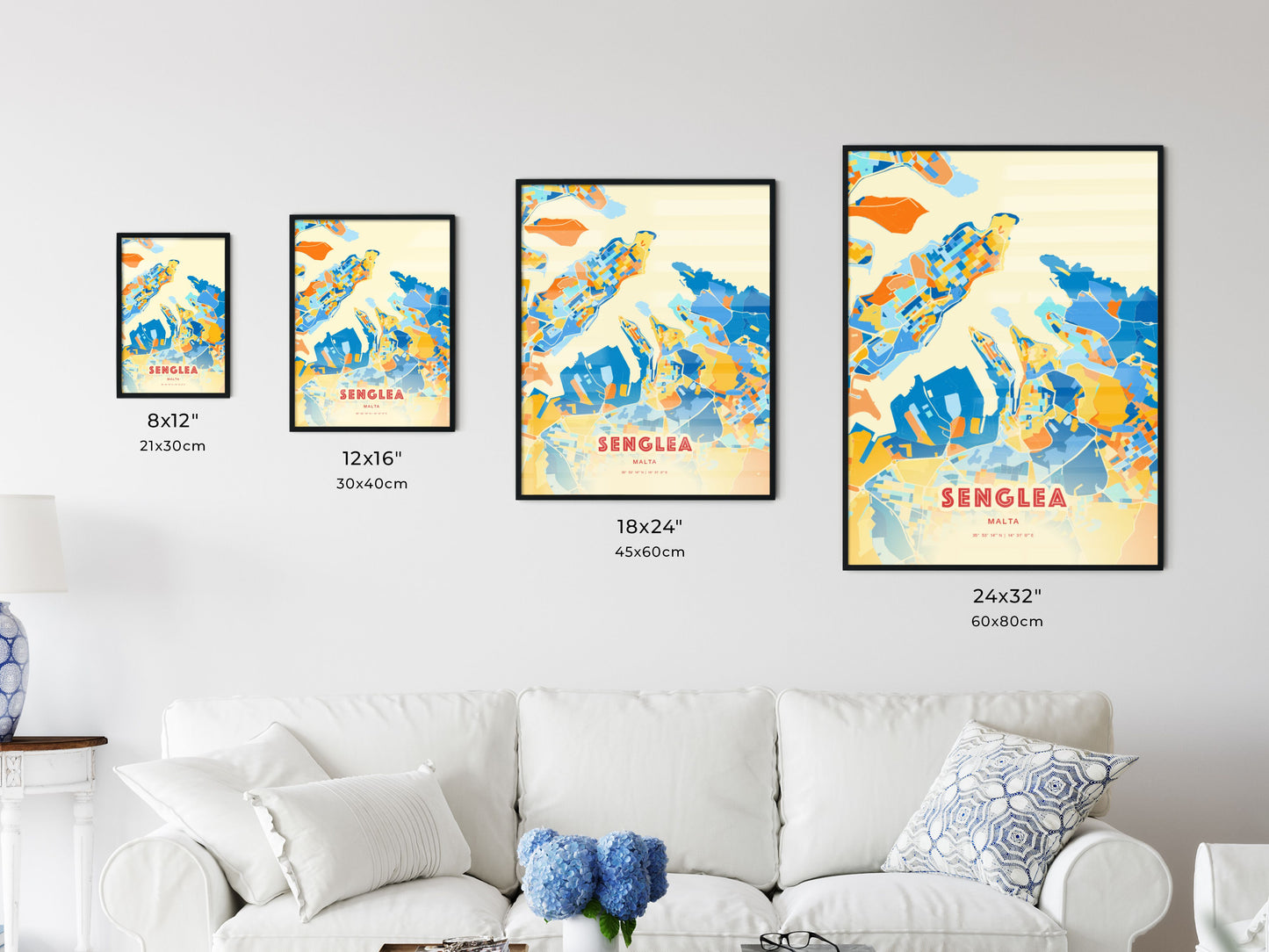 Colorful SENGLEA MALTA Fine Art Map Blue Orange