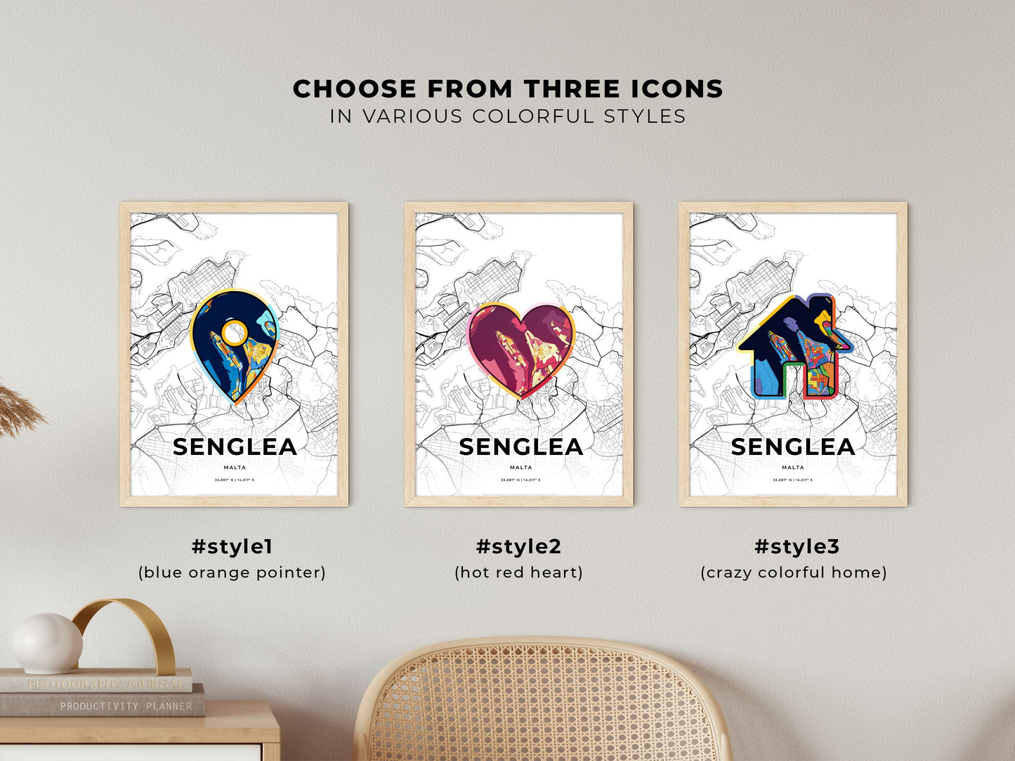 Senglea Malta maps with colorful icons