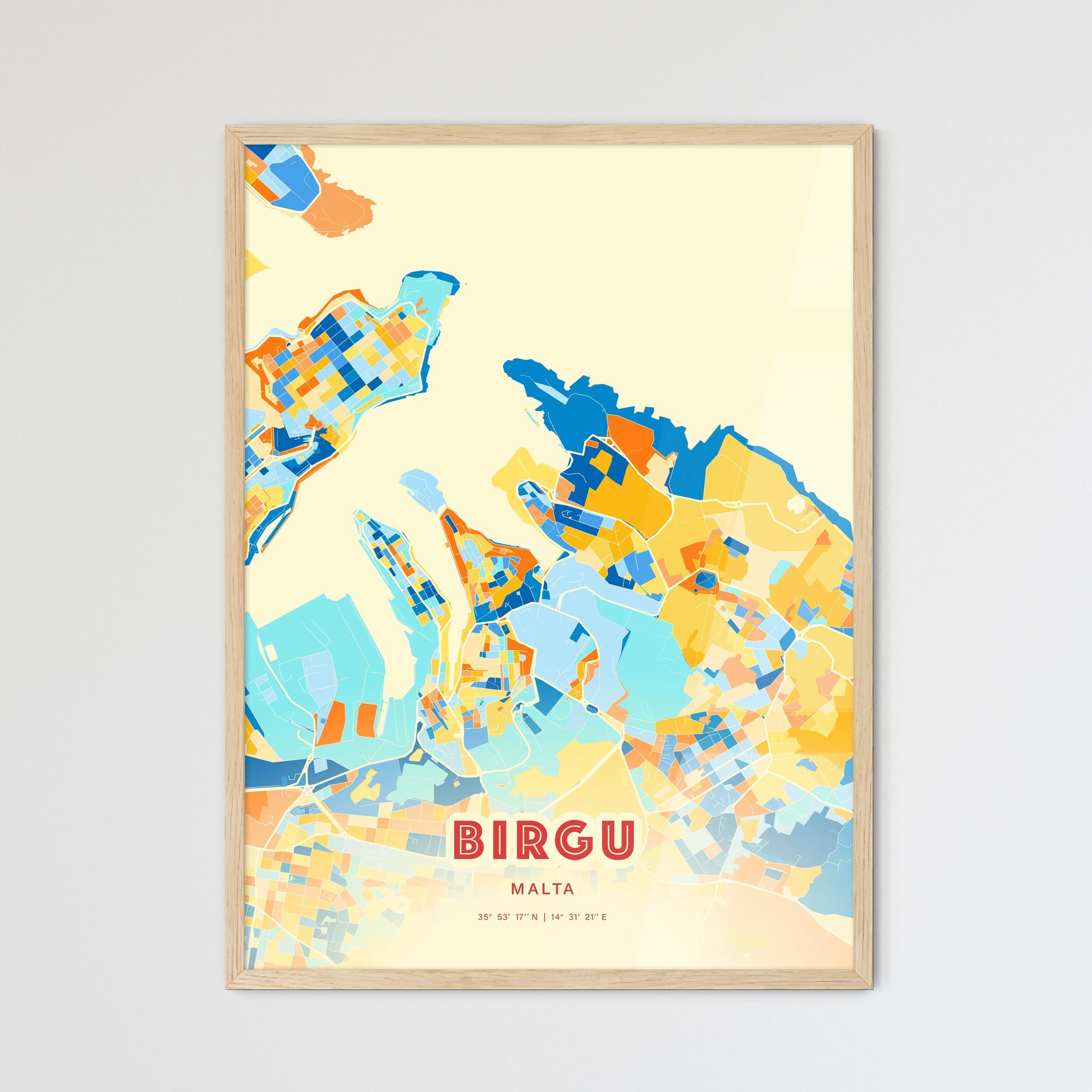 Colorful BIRGU MALTA Fine Art Map Blue Orange