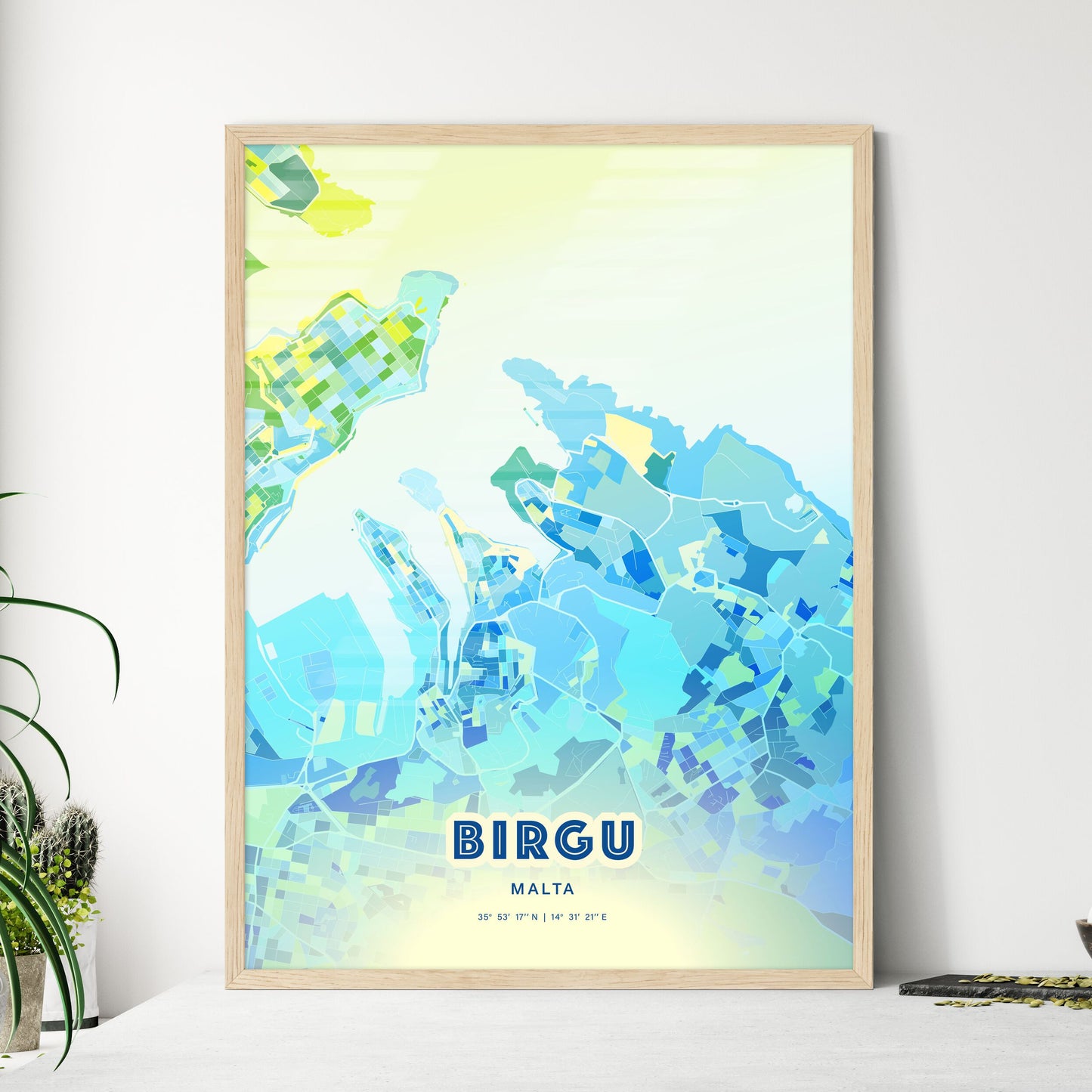 Colorful BIRGU MALTA Fine Art Map Cool Blue