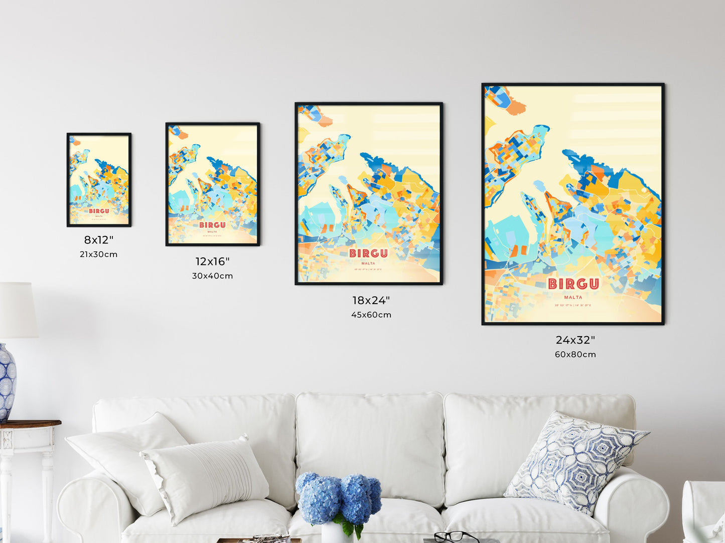 Colorful BIRGU MALTA Fine Art Map Blue Orange