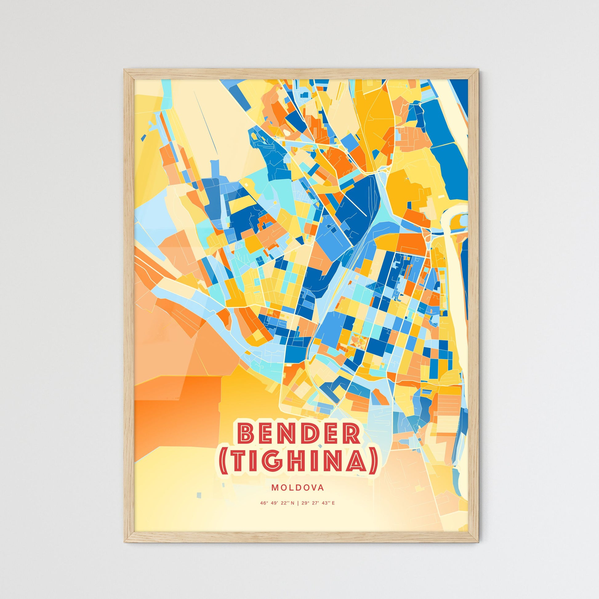 Colorful BENDER (TIGHINA) MOLDOVA Fine Art Map Blue Orange