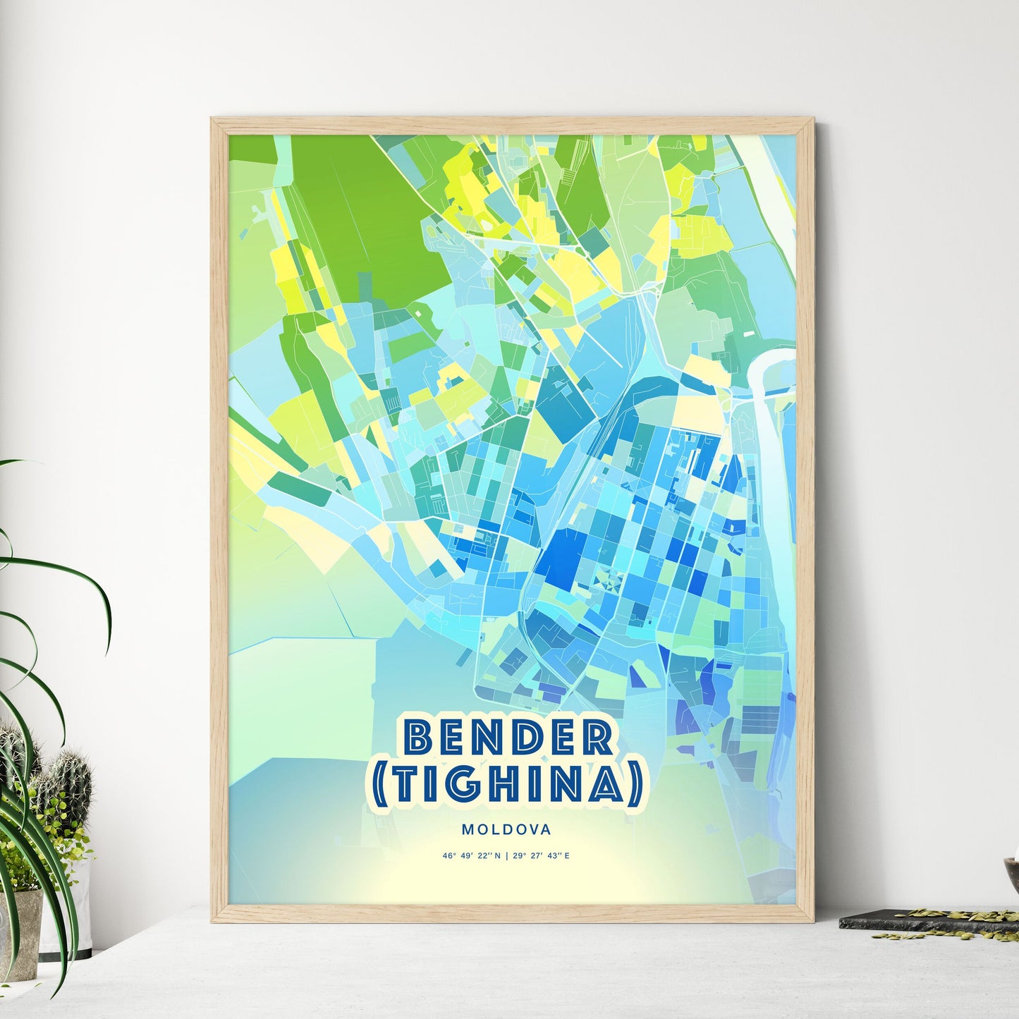 Colorful BENDER (TIGHINA) MOLDOVA Fine Art Map Cool Blue