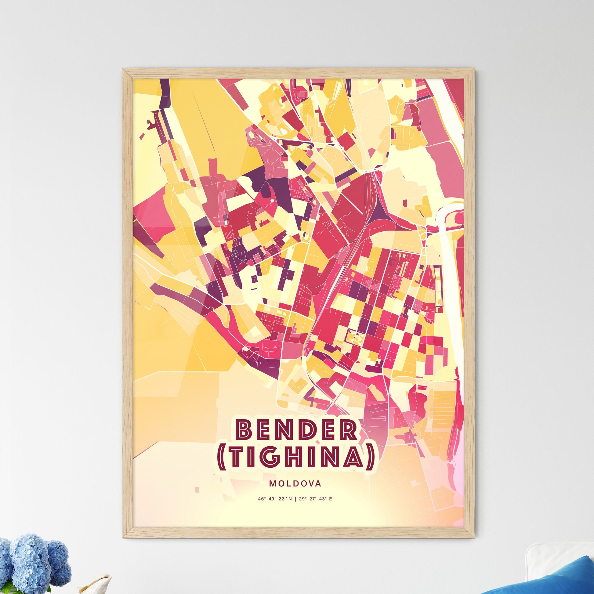 Colorful BENDER (TIGHINA) MOLDOVA Fine Art Map Hot Red