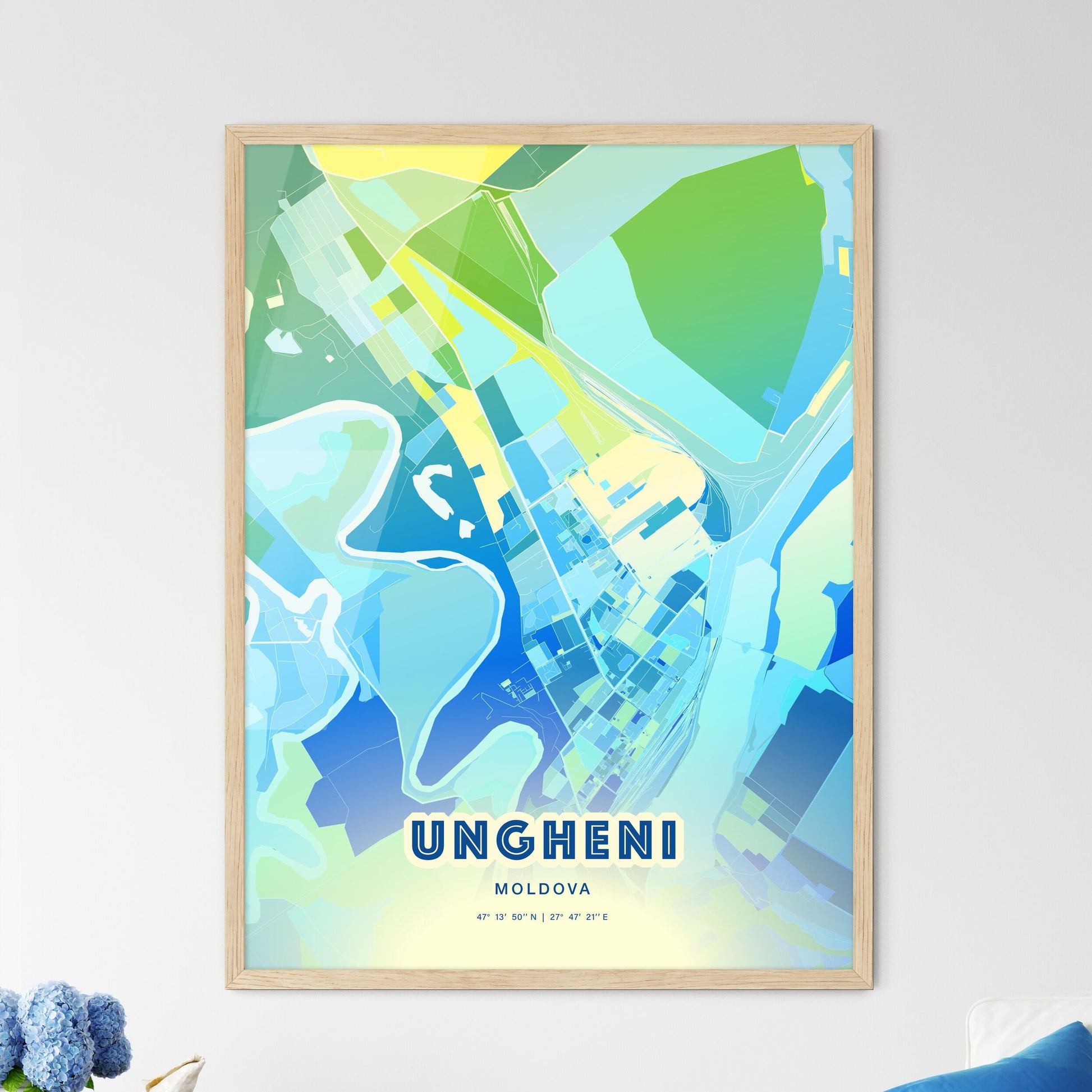 Colorful UNGHENI MOLDOVA Fine Art Map Cool Blue
