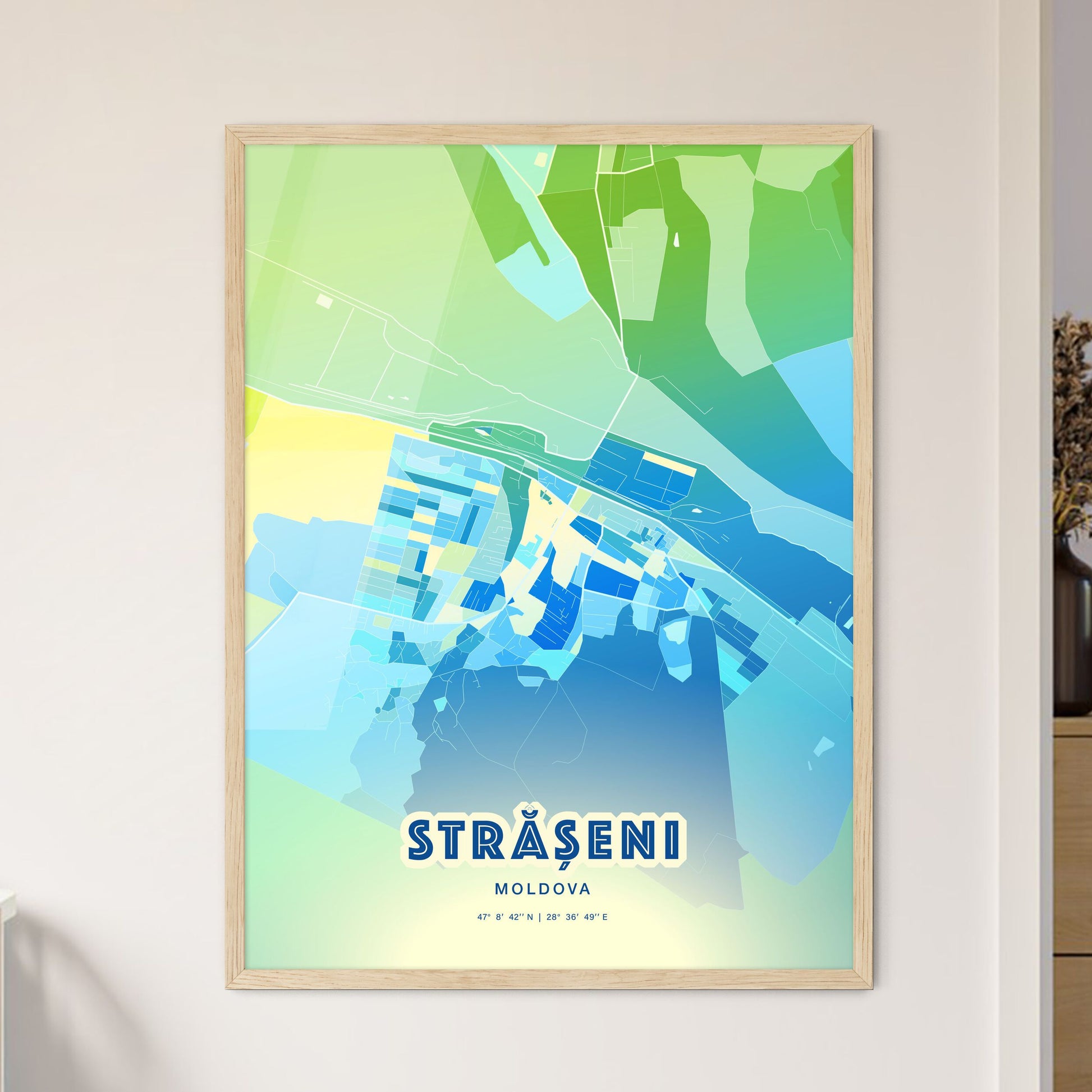 Colorful STRĂȘENI MOLDOVA Fine Art Map Cool Blue