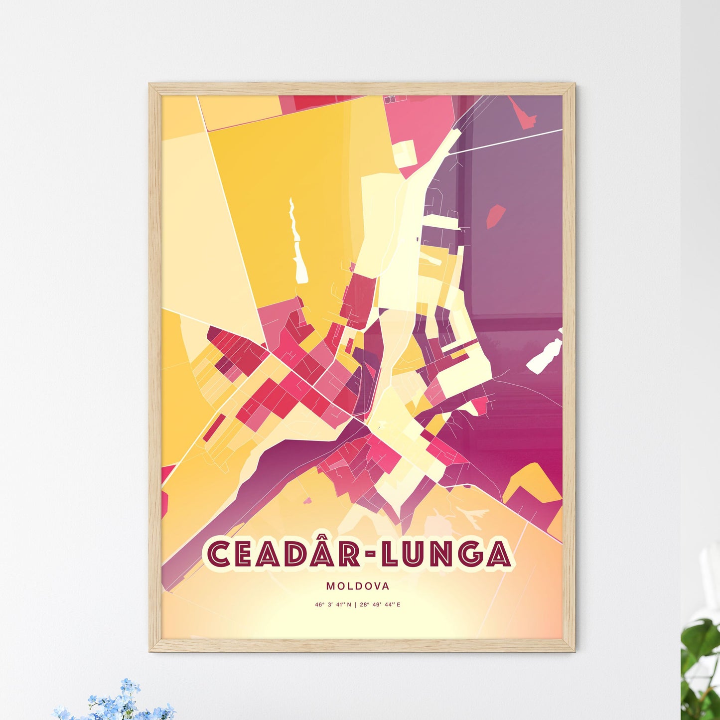 Colorful CEADÂR-LUNGA MOLDOVA Fine Art Map Hot Red