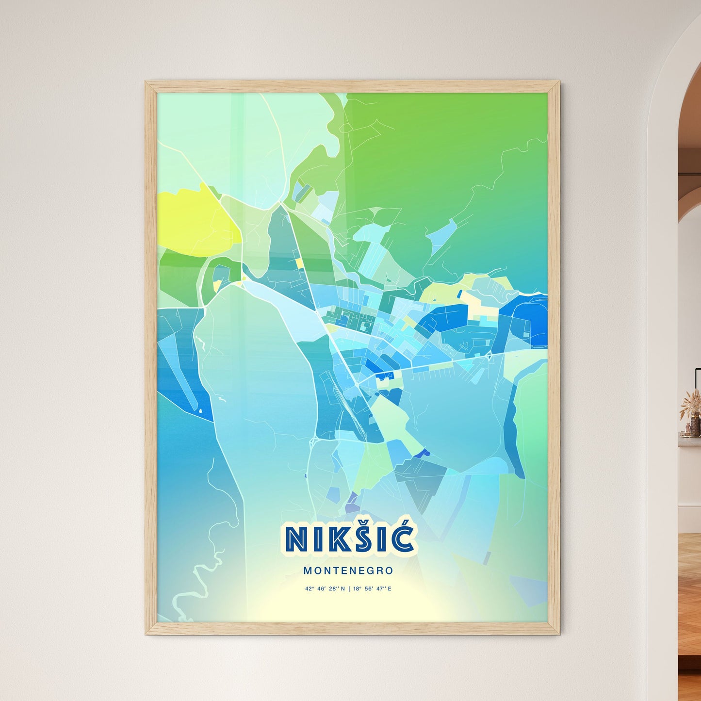 Colorful NIKŠIĆ MONTENEGRO Fine Art Map Cool Blue