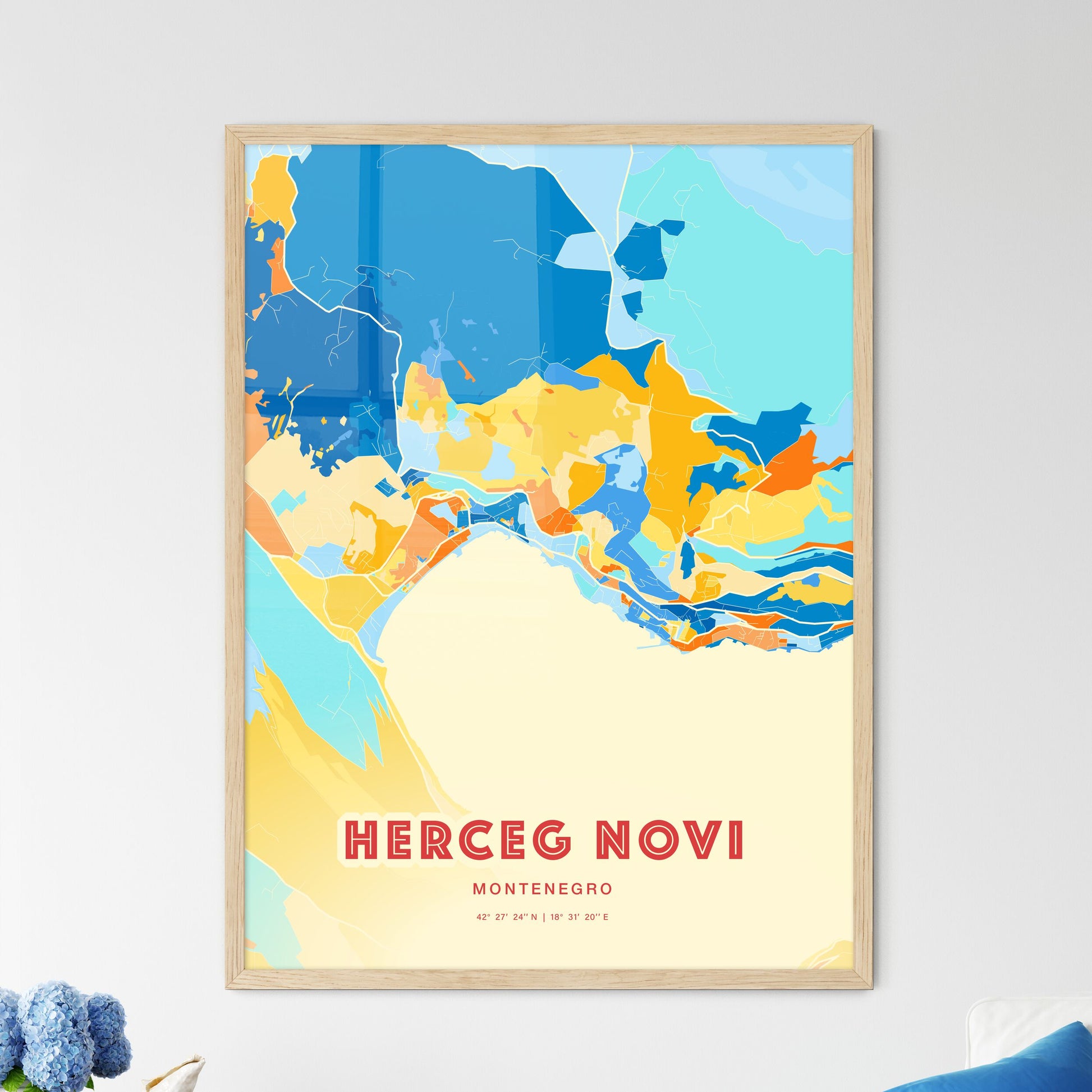 Colorful HERCEG NOVI MONTENEGRO Fine Art Map Blue Orange