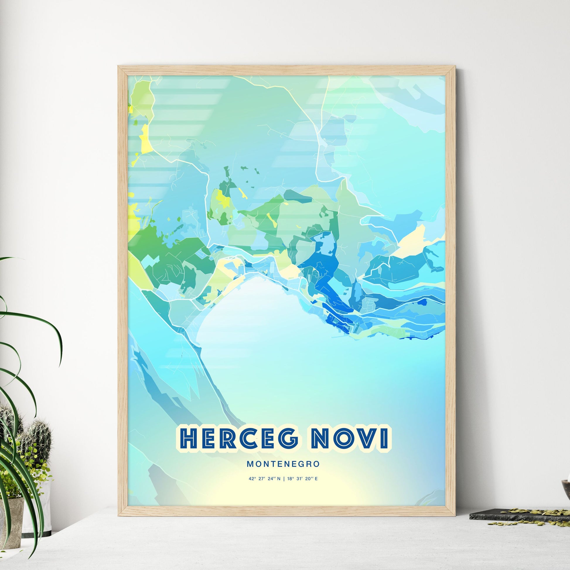 Colorful HERCEG NOVI MONTENEGRO Fine Art Map Cool Blue