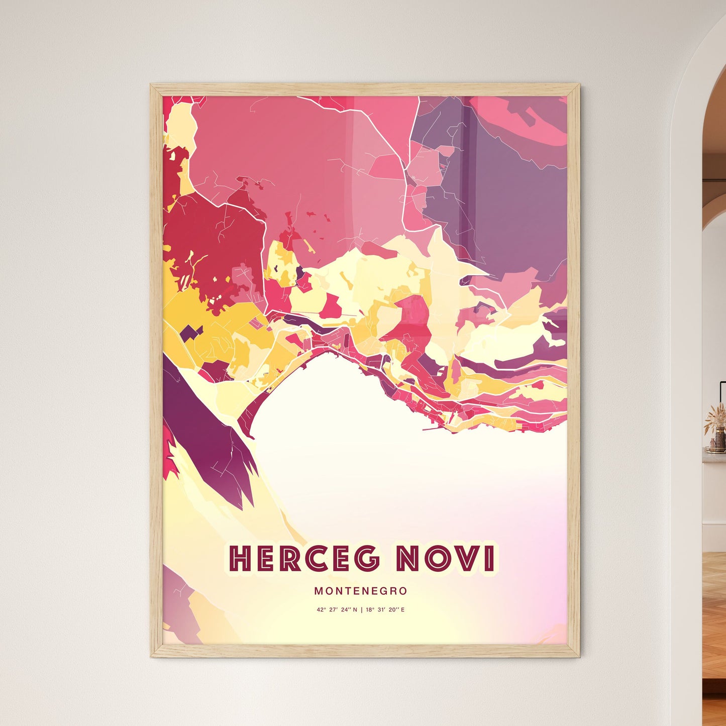 Colorful HERCEG NOVI MONTENEGRO Fine Art Map Hot Red