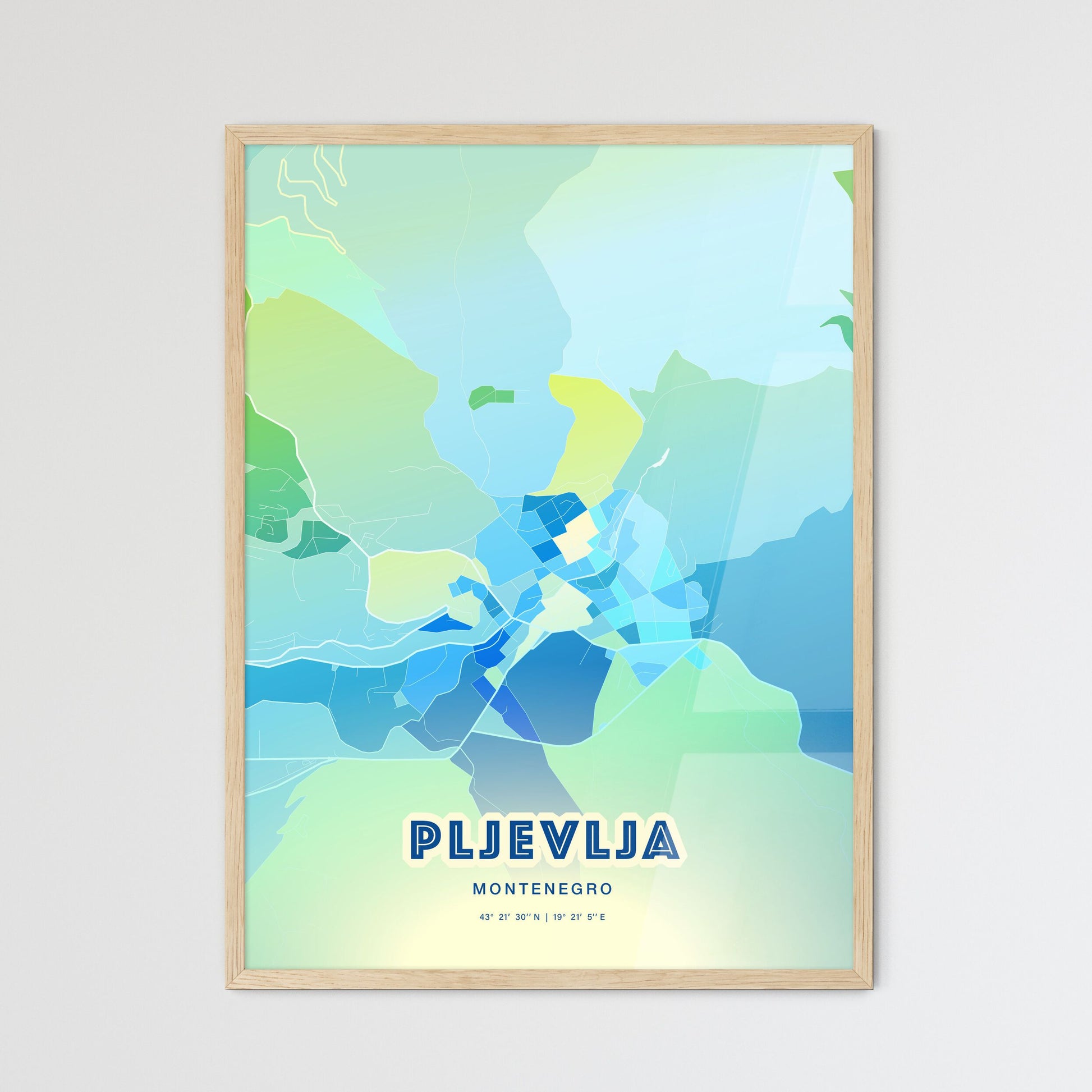 Colorful PLJEVLJA MONTENEGRO Fine Art Map Cool Blue