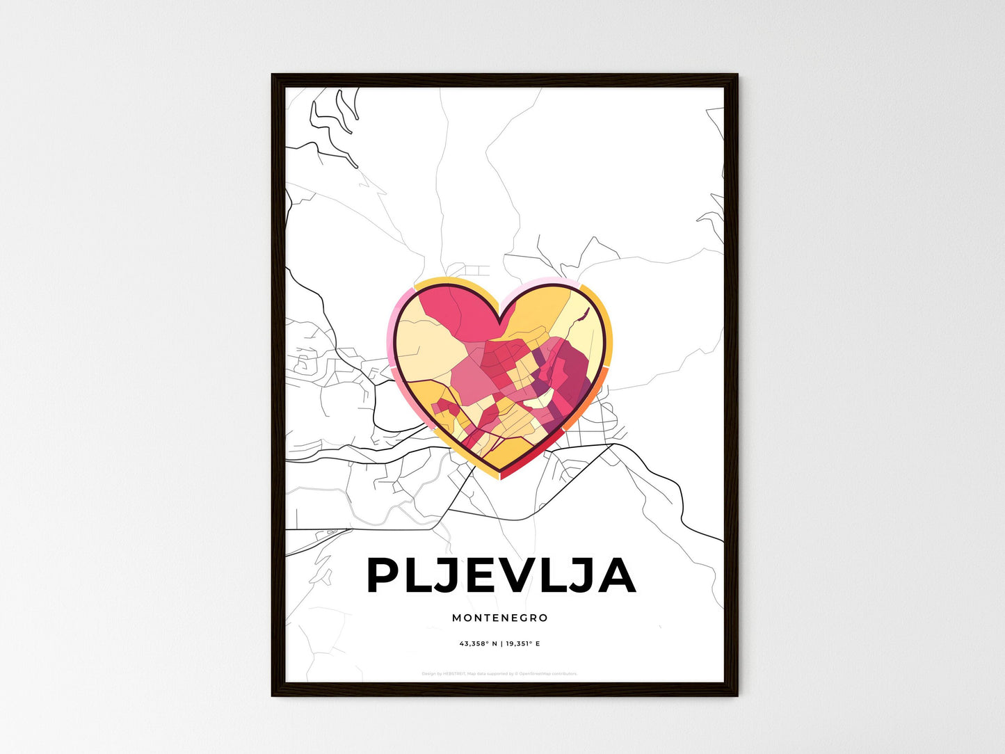 Pljevlja Montenegro wedding art map with heart icon