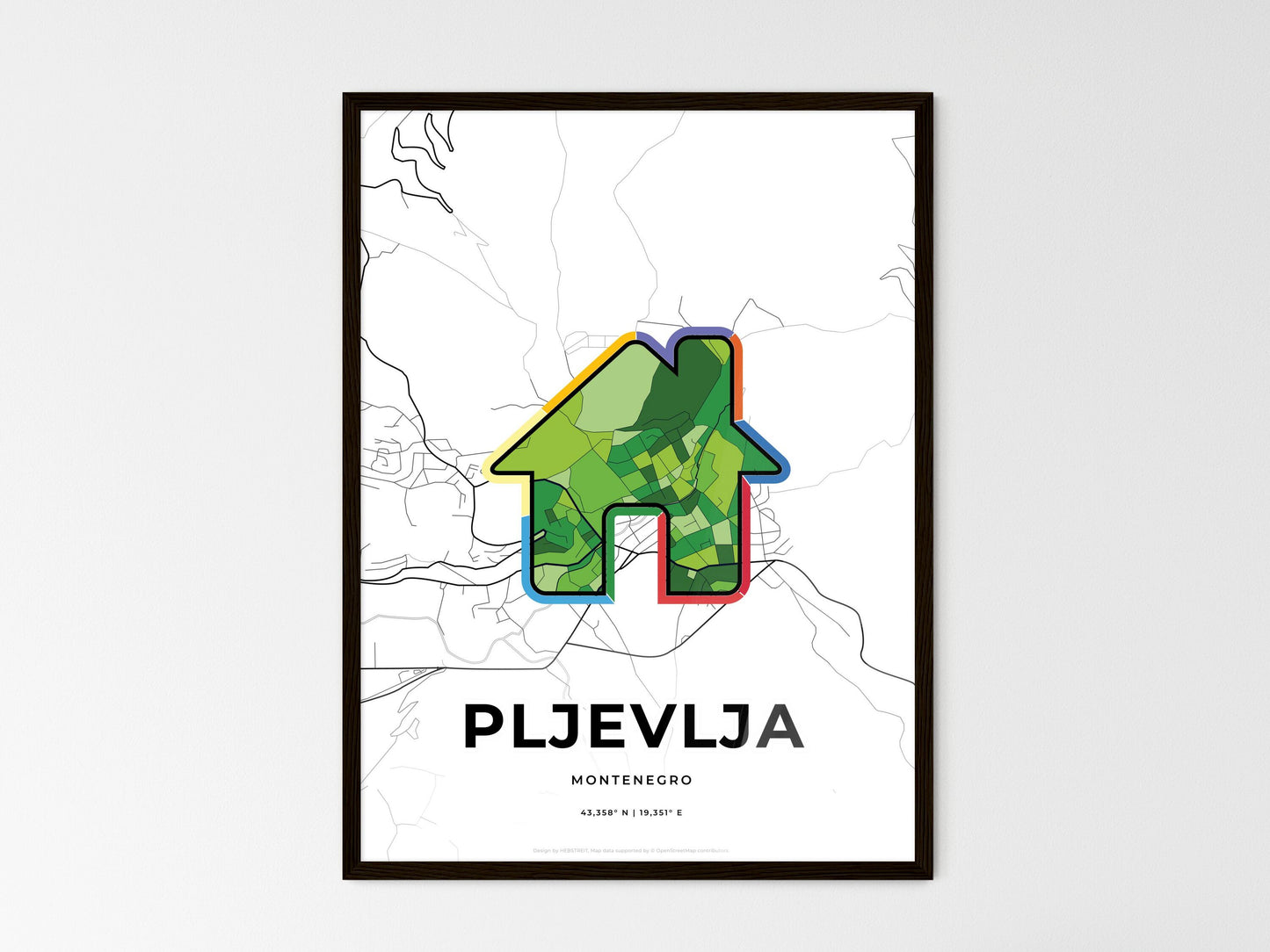 Pljevlja Montenegro wedding art map with home icon