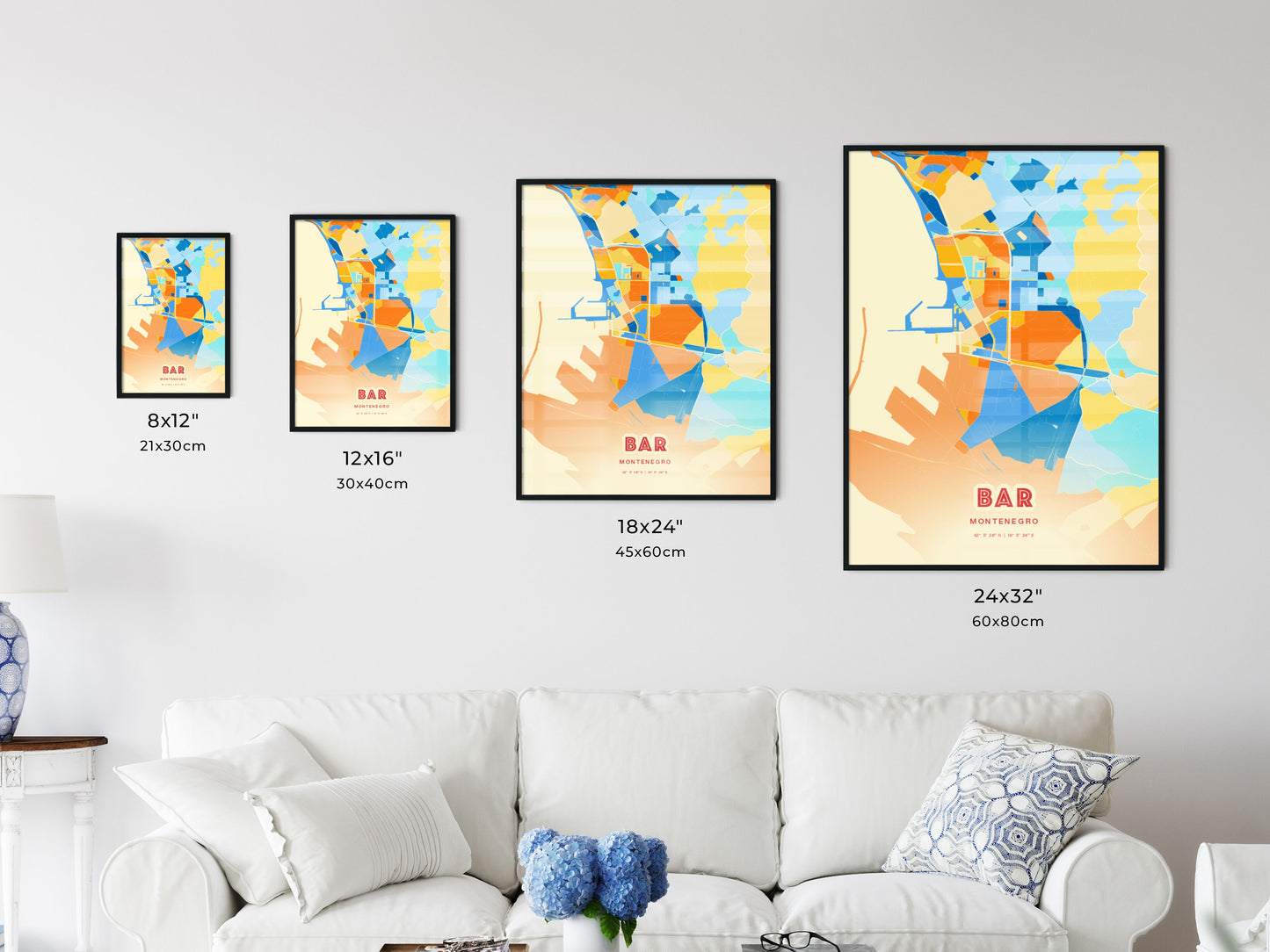 Colorful BAR MONTENEGRO Fine Art Map Blue Orange