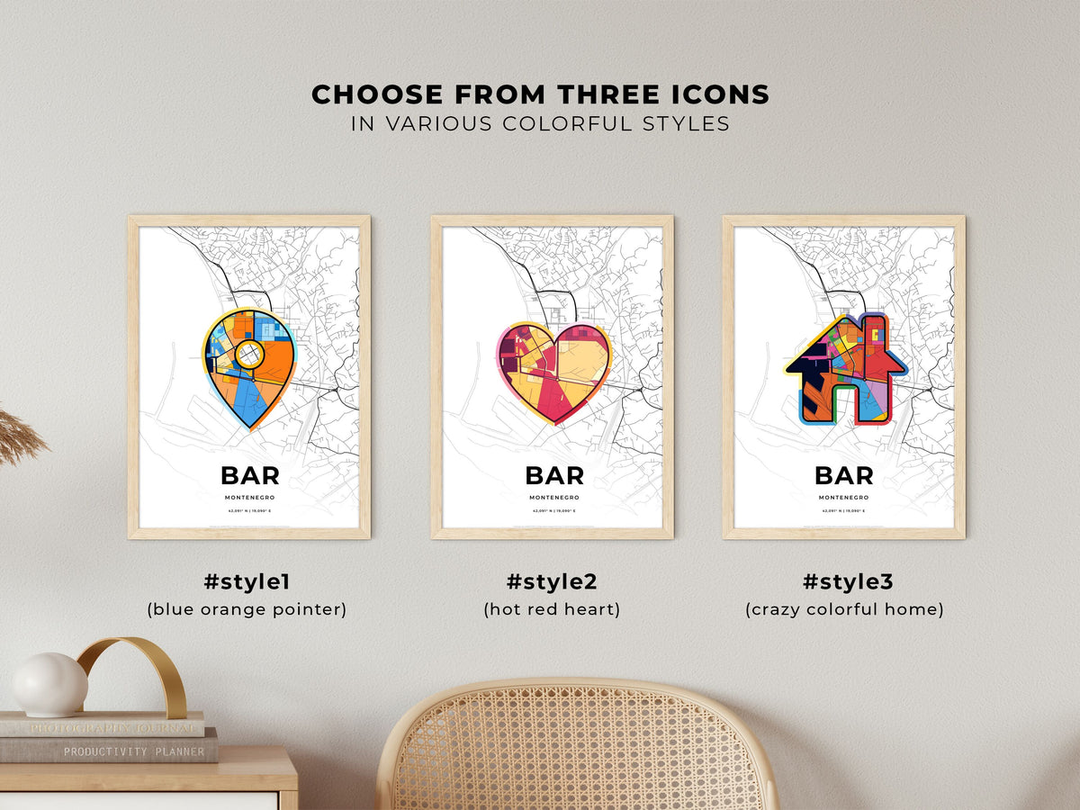 Bar Montenegro maps with colorful icons
