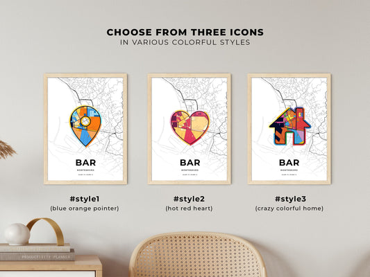Bar Montenegro maps with colorful icons
