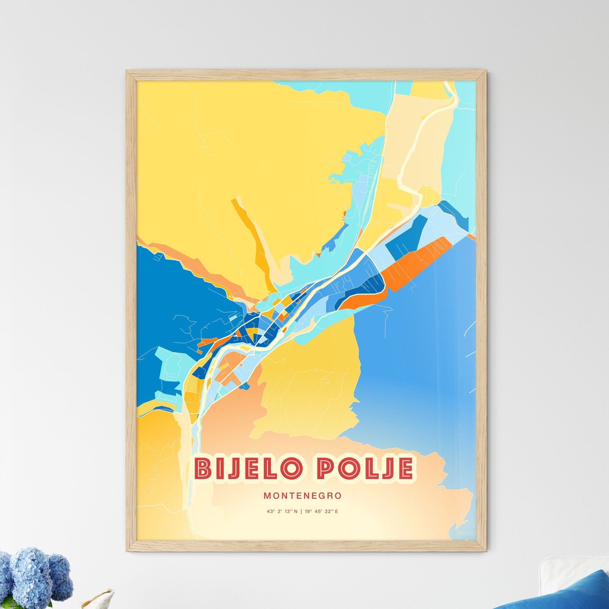 Colorful BIJELO POLJE MONTENEGRO Fine Art Map Blue Orange