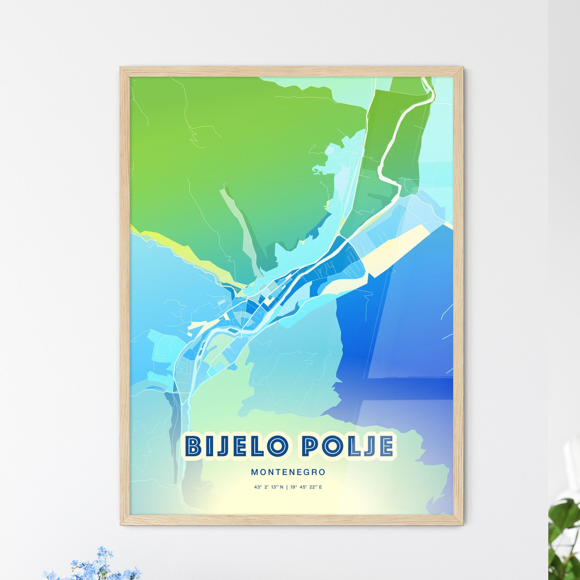 Colorful BIJELO POLJE MONTENEGRO Fine Art Map Cool Blue