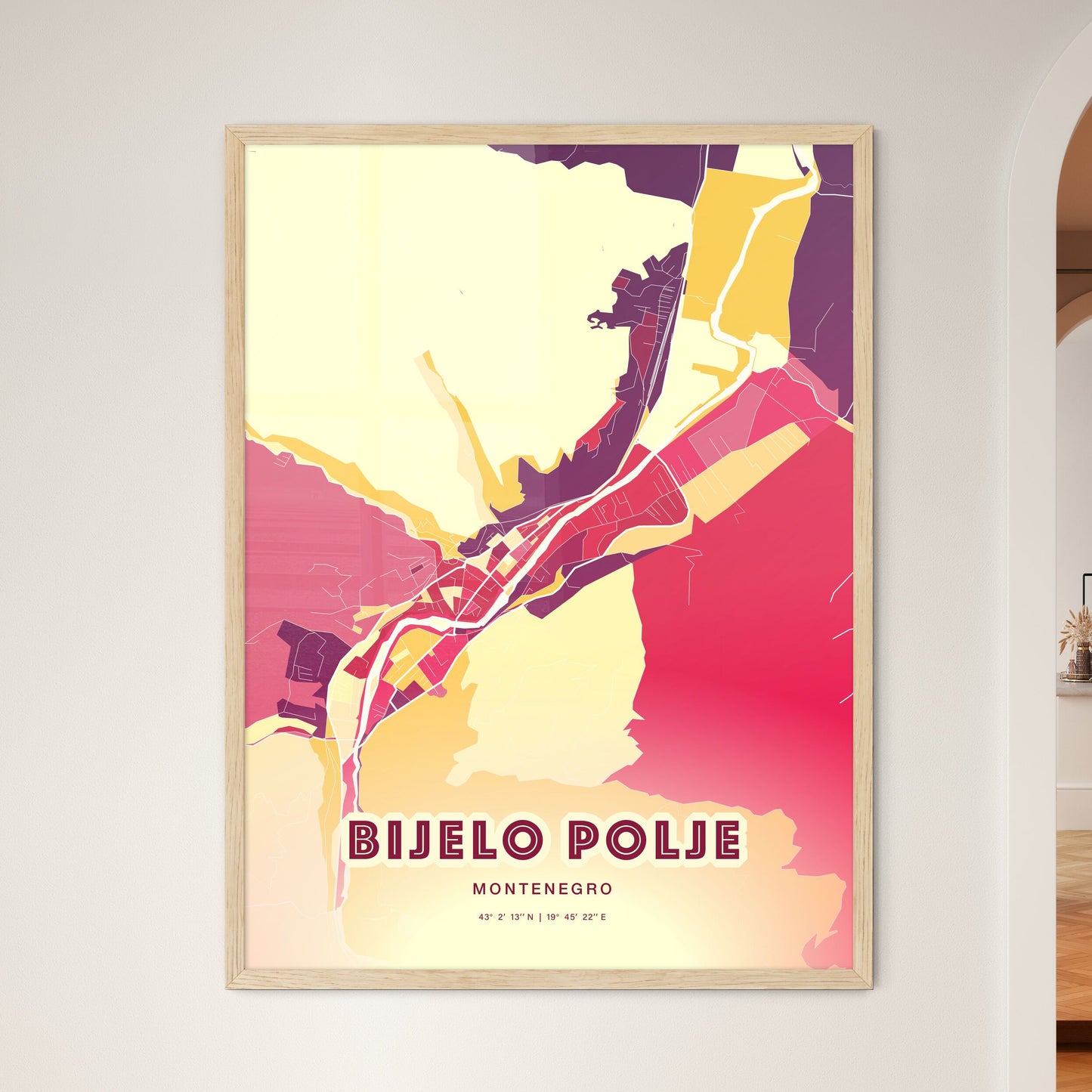 Colorful BIJELO POLJE MONTENEGRO Fine Art Map Hot Red