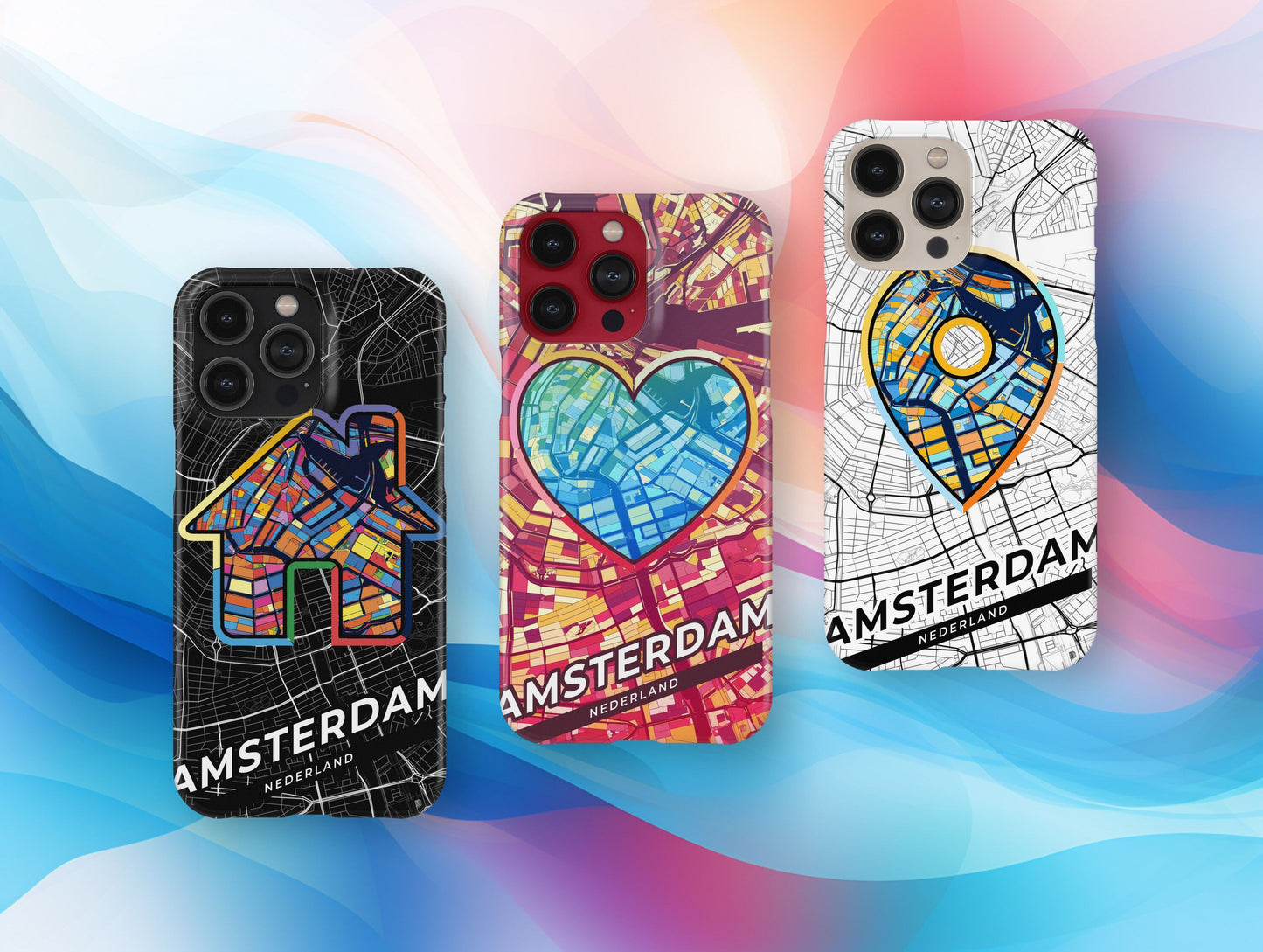 Amsterdam Netherlands slim phone case with colorful icon. Birthday, wedding or housewarming gift. Couple match cases.