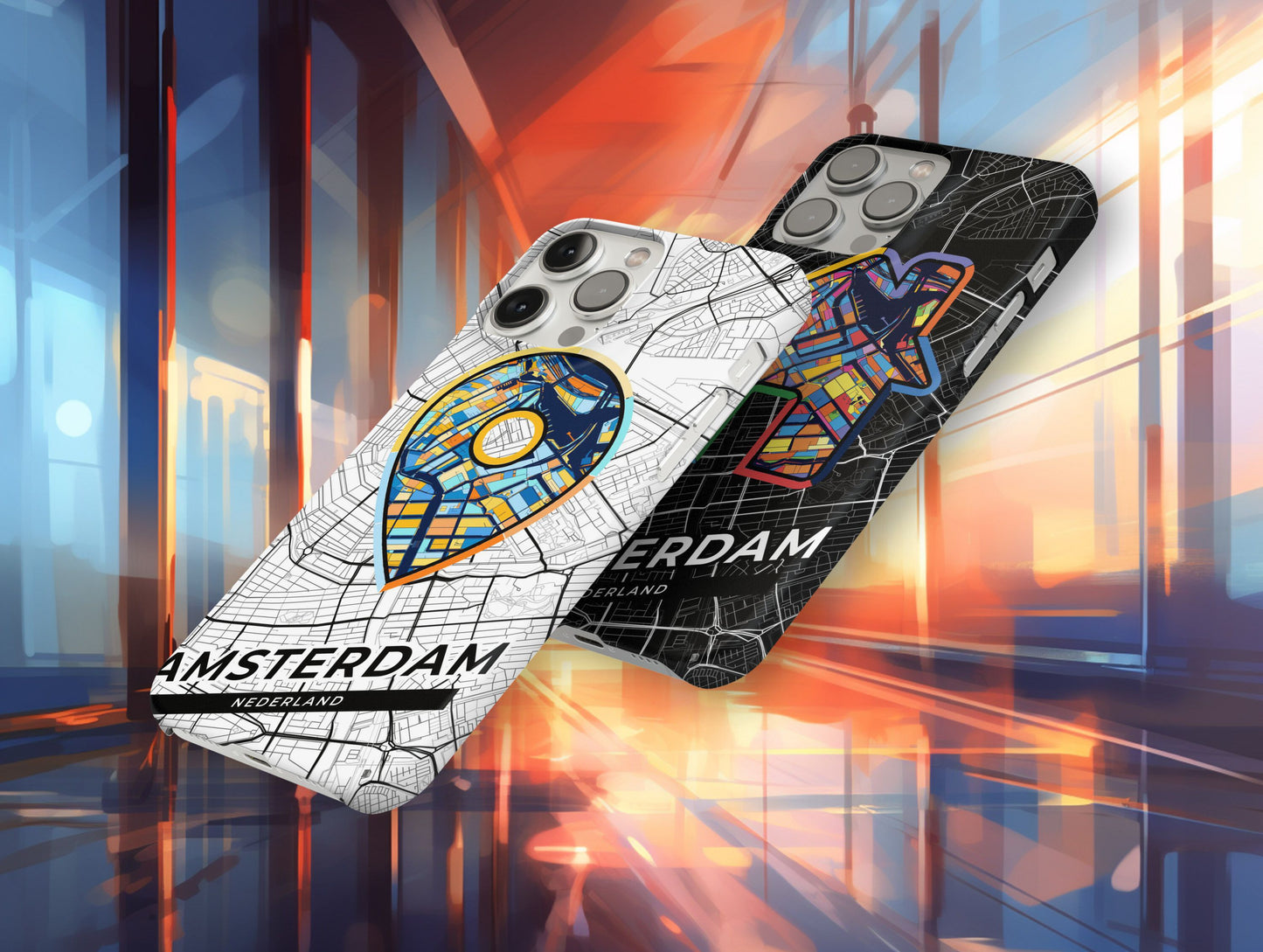 Amsterdam Netherlands slim phone case with colorful icon. Birthday, wedding or housewarming gift. Couple match cases.