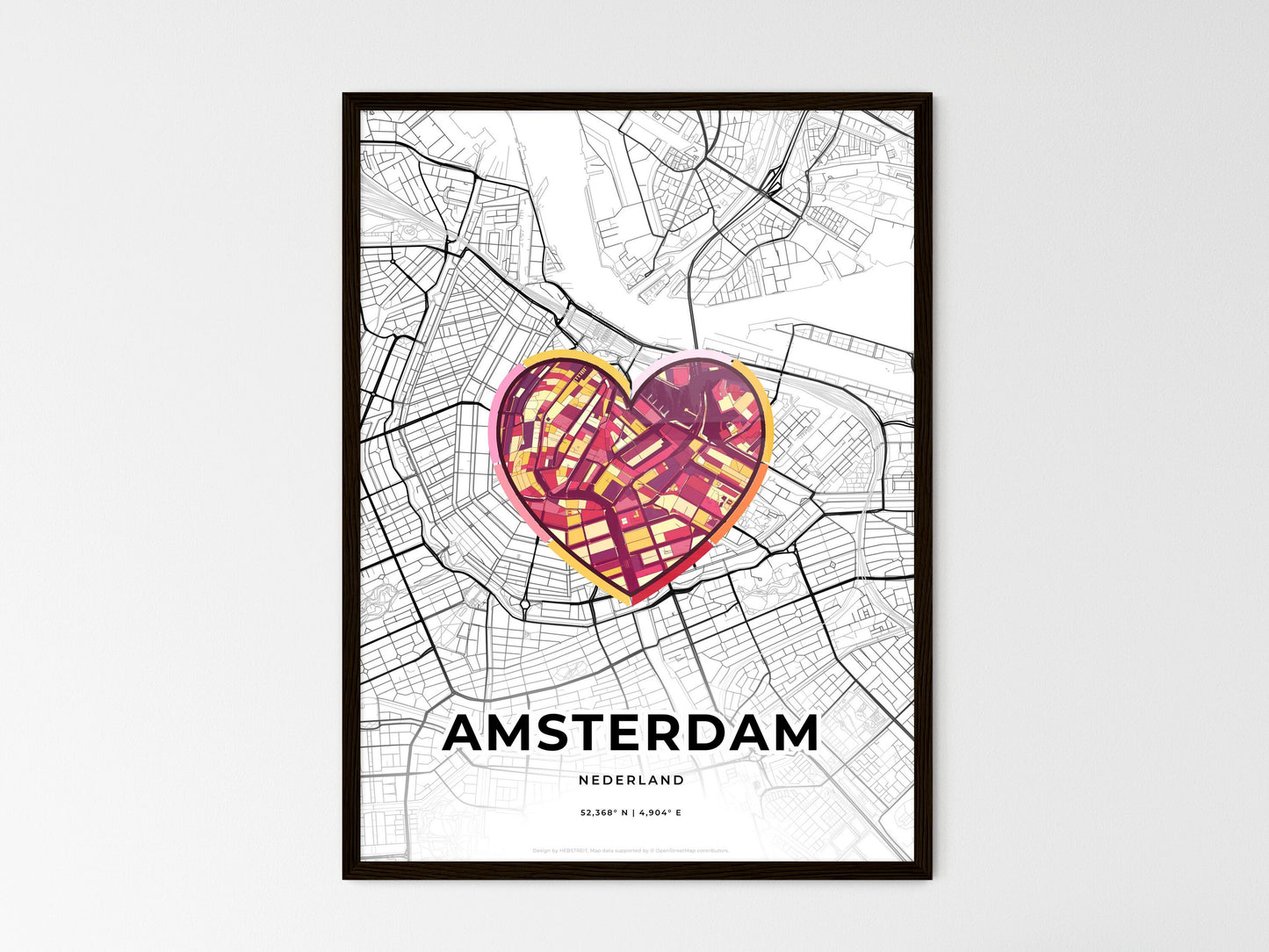 Amsterdam Netherlands wedding art map with heart icon