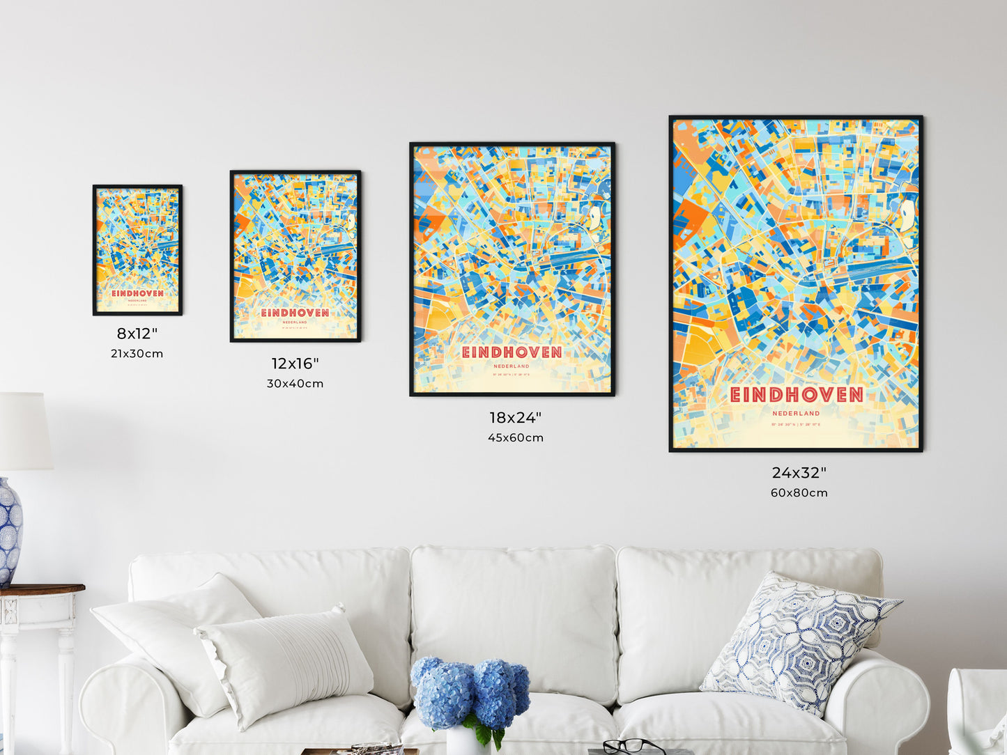 Colorful EINDHOVEN NETHERLANDS Fine Art Map Blue Orange