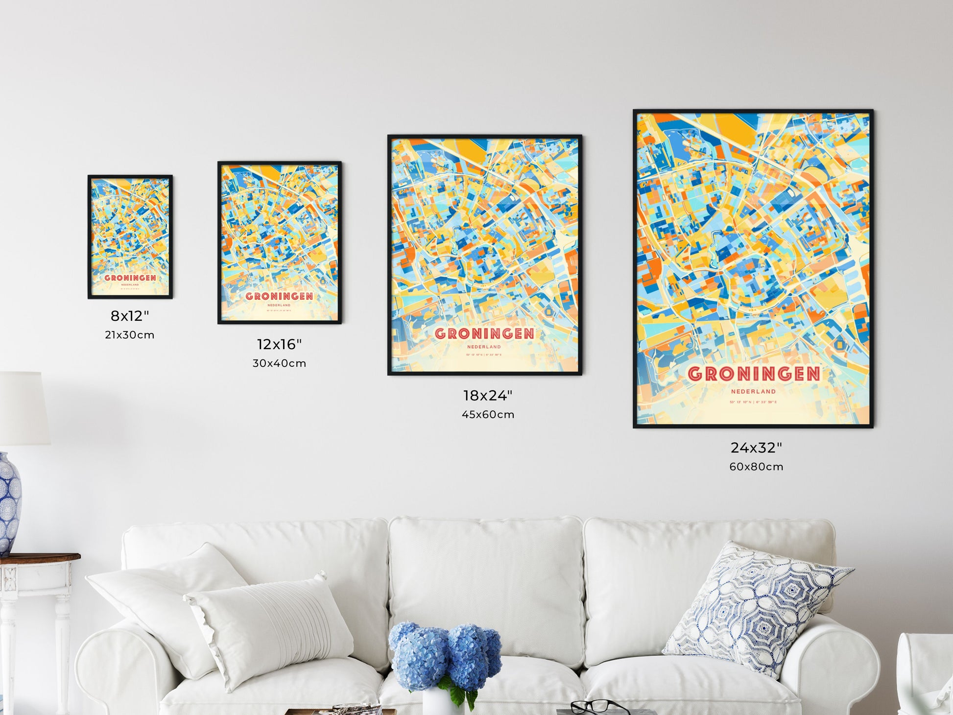 Colorful GRONINGEN NETHERLANDS Fine Art Map Blue Orange